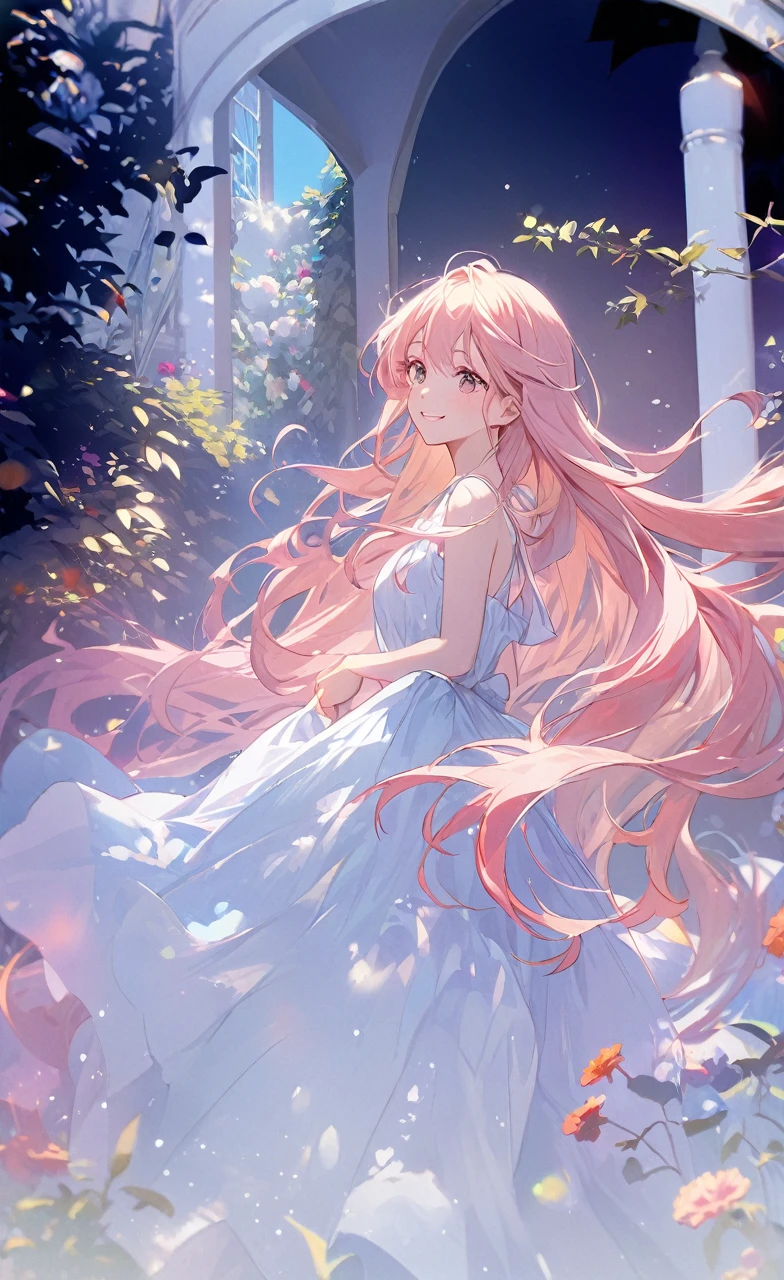 (Highest quality,High resolution:1.2), Vibrant colors, garden, sunny day, summer, Bright atmosphere, One girl, Beautiful attention to detail, Long eyelashes, ((Drop your eyes, Happy expression)), Flowing Hair, summer色のドレス, long hair, Cowboy Shot