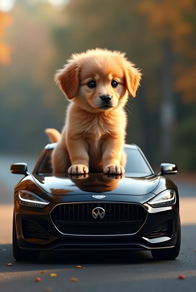 A small puppy golden brown colour sit on the black car