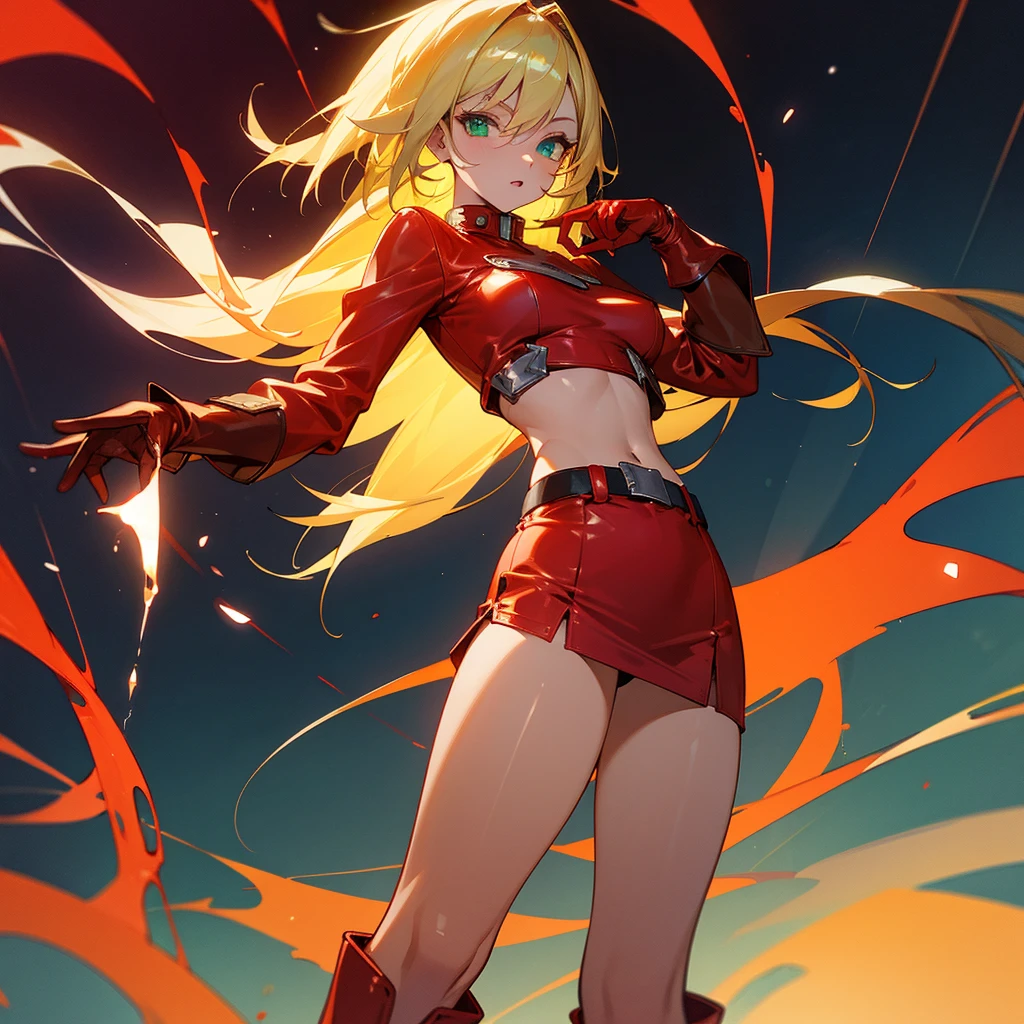 with green eyes, long shiny blonde hair, appearance, blue short skirt, red leather gloves, red leather boots, Caucasian skin, belly out, looking at the viewer, standing,