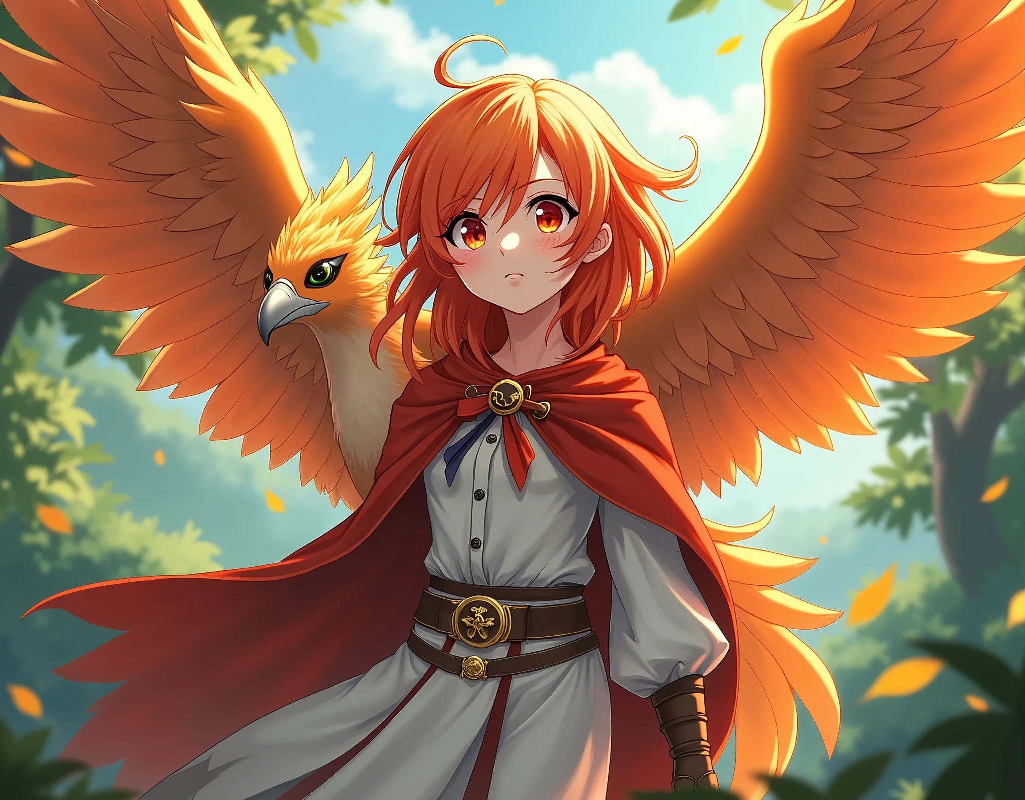 (masterpiece), Highest quality, (ultra-detailed), (Anime Style), 1girl, orange hair, red eyes, cape, Ranger, She's with Phoenix,