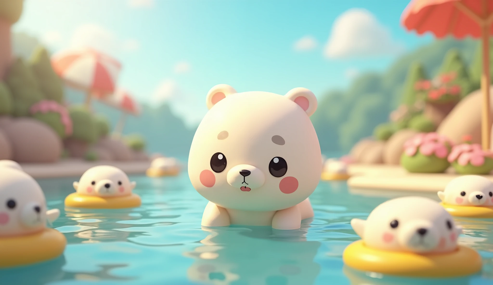 3d, Simple and cute, with gentle colors like a picture book , 8k, Highest quality,cute,Big anime eyes,Cute seals on swim rings float by from beyond the horizon.,mascot