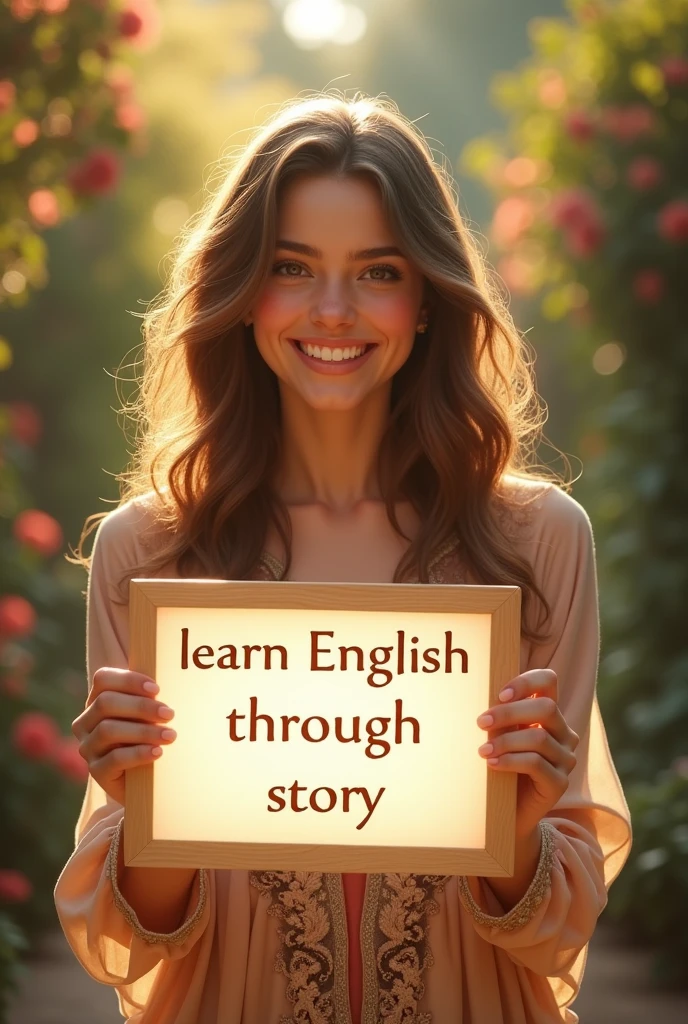 Beautiful girl with heart-warming smile and wavy long hair, bohemian dress, holding a white board with text "learn English Through Story" and showing it to the viewer, the board is glowing with a the text.
