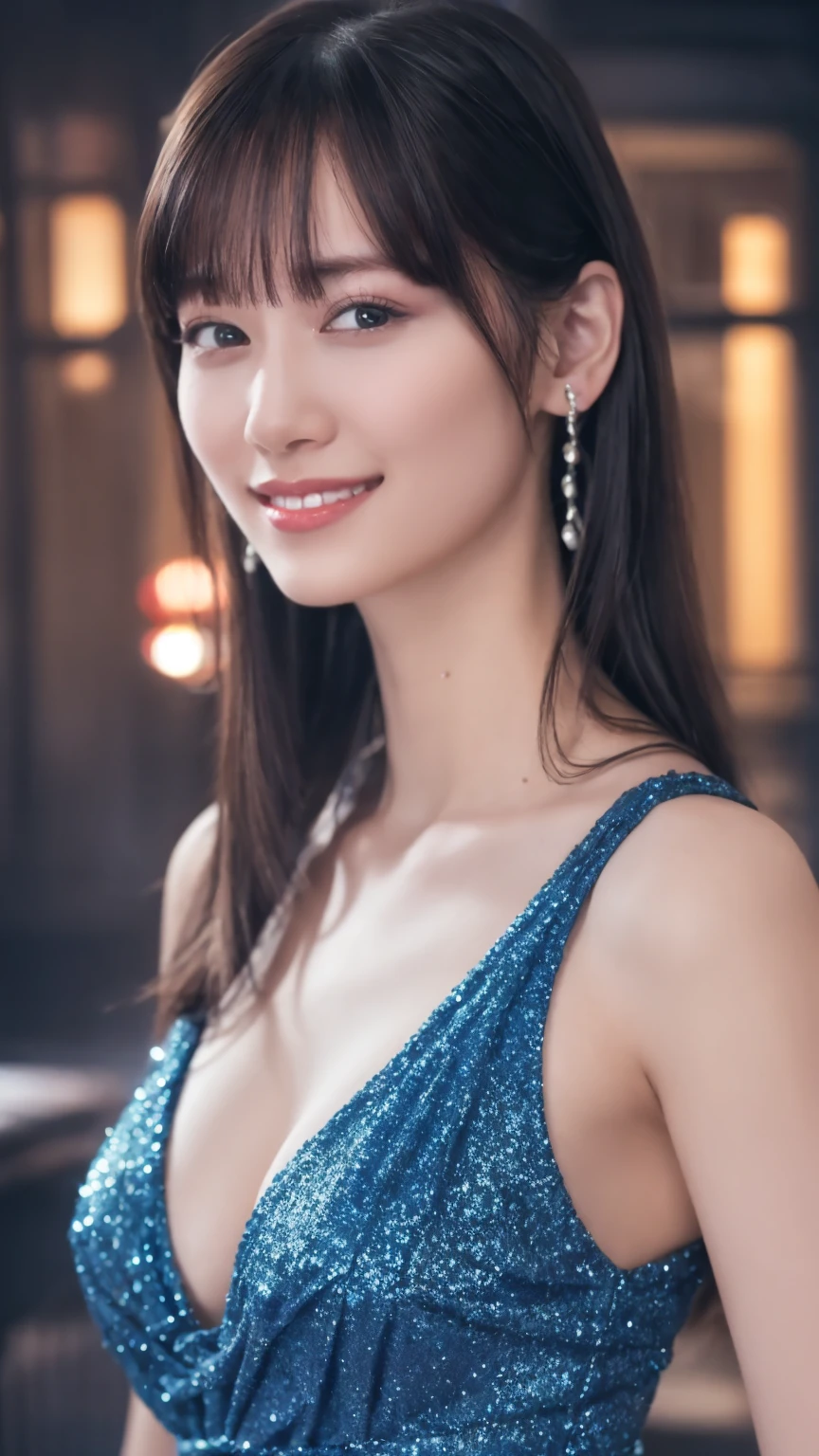 1girl,(wearing a blue glittery evening dress:1.2),(RAW photo, best quality), (realistic, photo-realistic:1.4), masterpiece, an extremely delicate and beautiful, extremely detailed, 2k wallpaper, Amazing, finely detail, extremely detailed CG unity 8k wallpaper, ultra-detailed, highres, soft light, beautiful detailed girl, extremely detailed eyes and face, beautiful detailed nose, beautiful detailed eyes,cinematic lighting,city lights at night,perfect anatomy,slender body,light smile,close up,(long hair with bangs)