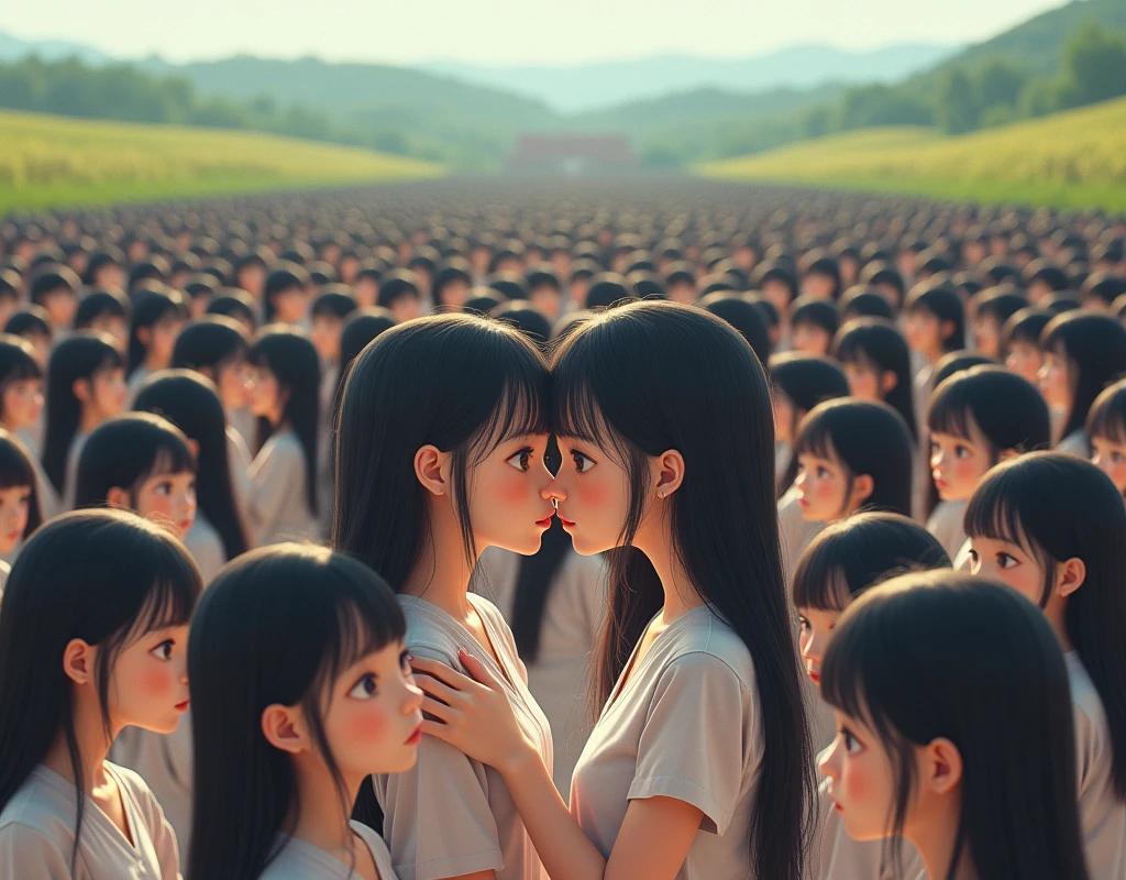 (((((Japanese Clone girls=Myself)))))), (((best masterpiece Clone girls Raw Photography Art))), (16K, Highest quality, Ultra-high resolution, RAW Photos), (((Unrealistic, Unparalleled depiction, An unbelievable sight, Unprecedented and shocking, In a world where myselves are multiplied, Ultra-realistic))), (((Japanese, woman, 26yo, Sasaki Nozomi))), (Small face, ((Thick black hair, Semi-long hair))), ((V-neck short-sleeve dress)), (((((Very beautiful detailed girls, Accurate body structure, Very detailed完璧な, A super busty body with very large breasts, Great proportions, super big breasts, Big, voluptuous breasts, The cleavage is very plump and emphasized))))), (((Dark Eyes, Mature face, Cute Smile, A gentle gaze, ((Very happy laughter))))), ((((((((Very detailedcloning描写, ((1Myself→cloning→1,000,000,000,000,000,000,000,000Myself)))))))))), ((((((((Very detailed, 寸分違いない緻密なMyself multiplication描写の, ((With the same perfectly MySelf body, With a face that is exactly the same as Myself, With the exact same hairstyle as Myself, In the exact same clothes as Myself, Perfectly the same height as Myself, The same super big breasts as Myself)))))))))), (((Myself only))), (((Very detailed, Myself multiplication, 1,000,000,000,000,000,000,000,000Myself→100,000,000,000,000,000,000,000,000,000,000,000,000,000,000^1,000,000,000,000,000,000Myself))), (((Very detailed, (An embrace between self, Back to Back, Myself is here!, Fun conversation with others, Happy conversation with myself, Kissing each other anywhere, Doting on Myself, Myself holding hands)))), (Free pose), (Sexual seduction), (((Unbelievably crowded, Close contact between transcendent selves, Countless "myselves" completely surround me in 360 degrees))), (Bright and soft sunlight), (((Very wide field of view, Very detailed, Detailed ultra-perspective depiction with clear depth))), (((((Rural landscape with slopes))))), (((Very photographic and detailed, Myself will grow infinitely more, filling the horizon with no gaps and in a super close contact, Myself exists infinitely and it creates a fun atmosphere))), (Focus on the average value of the image)