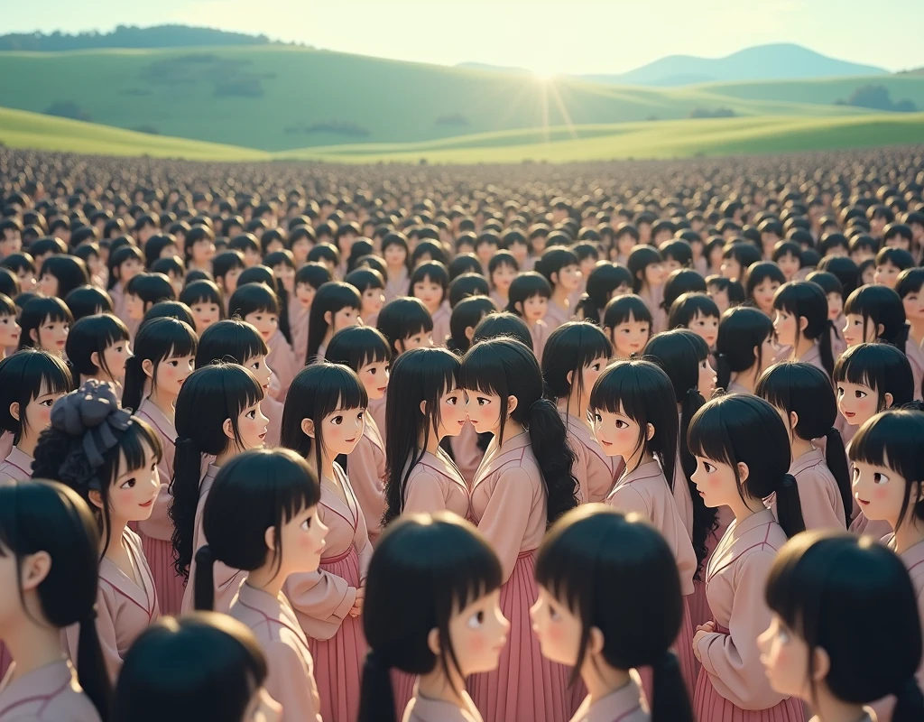 (((((Japanese Clone girls=Myself)))))), (((best masterpiece Clone girls Raw Photography Art))), (16K, Highest quality, Ultra-high resolution, RAW Photos), (((Unrealistic, Unparalleled depiction, An unbelievable sight, Unprecedented and shocking, In a world where myselves are multiplied, Ultra-realistic))), (((Japanese, woman, 26yo, Sasaki Nozomi))), (Small face, ((Thick black hair, Semi-long hair))), ((V-neck short-sleeve dress)), (((((Very beautiful detailed girls, Accurate body structure, Very detailed完璧な, A super busty body with very large breasts, Great proportions, super big breasts, Big, voluptuous breasts, The cleavage is very plump and emphasized))))), (((Dark Eyes, Mature face, Cute Smile, A gentle gaze, ((Very happy laughter))))), ((((((((Very detailedcloning描写, ((1Myself→cloning→1,000,000,000,000,000,000,000,000Myself)))))))))), ((((((((Very detailed, 寸分違いない緻密なMyself multiplication描写の, ((With the same perfectly MySelf body, With a face that is exactly the same as Myself, With the exact same hairstyle as Myself, In the exact same clothes as Myself, Perfectly the same height as Myself, The same super big breasts as Myself)))))))))), (((Myself only))), (((Very detailed, Myself multiplication, 1,000,000,000,000,000,000,000,000Myself→100,000,000,000,000,000,000,000,000,000,000,000,000,000,000^1,000,000,000,000,000,000Myself))), (((Very detailed, (An embrace between self, Back to Back, Myself is here!, Fun conversation with others, Happy conversation with myself, Kissing each other anywhere, Doting on Myself, Myself holding hands)))), (Free pose), (Sexual seduction), (((Unbelievably crowded, Close contact between transcendent selves, Countless "myselves" completely surround me in 360 degrees))), (Bright and soft sunlight), (((Very wide field of view, Very detailed, Detailed ultra-perspective depiction with clear depth))), (((((Rural landscape with slopes))))), (((Very photographic and detailed, Myself will grow infinitely more, filling the horizon with no gaps and in a super close contact, Myself exists infinitely and it creates a fun atmosphere))), (Focus on the average value of the image)