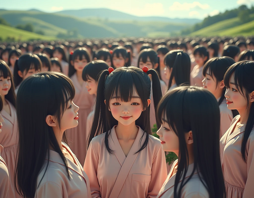 (((((Japanese Clone girls=Myself)))))), (((best masterpiece Clone girls Raw Photography Art))), (16K, Highest quality, Ultra-high resolution, RAW Photos), (((Unrealistic, Unparalleled depiction, An unbelievable sight, Unprecedented and shocking, In a world where myselves are multiplied, Ultra-realistic))), (((Japanese, woman, 26yo, Sasaki Nozomi))), (Small face, ((Thick black hair, Semi-long hair))), ((V-neck short-sleeve dress)), (((((Very beautiful detailed girls, Accurate body structure, Very detailed完璧な, A super busty body with very large breasts, Great proportions, super big breasts, Big, voluptuous breasts, The cleavage is very plump and emphasized))))), (((Dark Eyes, Mature face, Cute Smile, A gentle gaze, ((Very happy laughter))))), ((((((((Very detailedcloning描写, ((1Myself→cloning→1,000,000,000,000,000,000,000,000Myself)))))))))), ((((((((Very detailed, 寸分違いない緻密なMyself multiplication描写の, ((With the same perfectly MySelf body, With a face that is exactly the same as Myself, With the exact same hairstyle as Myself, In the exact same clothes as Myself, Perfectly the same height as Myself, The same super big breasts as Myself)))))))))), (((Myself only))), (((Very detailed, Myself multiplication, 1,000,000,000,000,000,000,000,000Myself→100,000,000,000,000,000,000,000,000,000,000,000,000,000,000^1,000,000,000,000,000,000Myself))), (((Very detailed, (An embrace between self, Back to Back, Myself is here!, Fun conversation with others, Happy conversation with myself, Kissing each other anywhere, Doting on Myself, Myself holding hands)))), (Free pose), (Sexual seduction), (((Unbelievably crowded, Close contact between transcendent selves, Countless &quot;myselves&quot; completely surround me in 360 degrees))), (Bright and soft sunlight), (((Very wide field of view, Very detailed, Detailed ultra-perspective depiction with clear depth))), (((((Rural landscape with slopes))))), (((Very photographic and detailed, Myself will grow infinitely more, filling the horizon with no gaps and in a super close contact, Myself exists infinitely and it creates a fun atmosphere))), (Focus on the average value of the image)