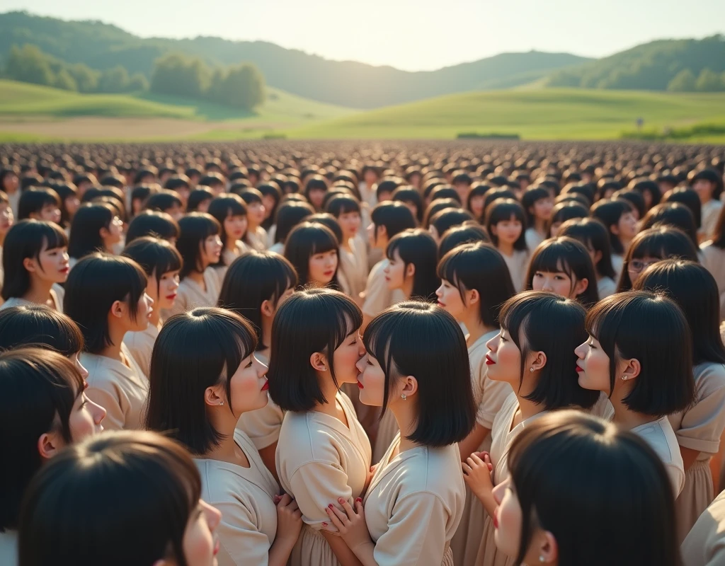 (((((Japanese Clone girls=Myself)))))), (((best masterpiece Clone girls Raw Photography Art))), (16K, Highest quality, Ultra-high resolution, RAW Photos), (((Unrealistic, Unparalleled depiction, An unbelievable sight, Unprecedented and shocking, In a world where myselves are multiplied, Ultra-realistic))), (((Japanese, woman, 26yo, Sasaki Nozomi))), (Small face, ((Thick black hair, Semi-long hair))), ((V-neck short-sleeve dress)), (((((Very beautiful detailed girls, Accurate body structure, Very detailed完璧な, A super busty body with very large breasts, Great proportions, super big breasts, Big, voluptuous breasts, The cleavage is very plump and emphasized))))), (((Dark Eyes, Mature face, Cute Smile, A gentle gaze, ((Very happy laughter))))), ((((((((Very detailedcloning描写, ((1Myself→cloning→1,000,000,000,000,000,000,000,000Myself)))))))))), ((((((((Very detailed, 寸分違いない緻密なMyself multiplication描写の, ((With the same perfectly MySelf body, With a face that is exactly the same as Myself, With the exact same hairstyle as Myself, In the exact same clothes as Myself, Perfectly the same height as Myself, The same super big breasts as Myself)))))))))), (((Myself only))), (((Very detailed, Myself multiplication, 1,000,000,000,000,000,000,000,000Myself→100,000,000,000,000,000,000,000,000,000,000,000,000,000,000^1,000,000,000,000,000,000Myself))), (((Very detailed, (An embrace between self, Back to Back, Myself is here!, Fun conversation with others, Happy conversation with myself, Kissing each other anywhere, Doting on Myself, Myself holding hands)))), (Free pose), (Sexual seduction), (((Unbelievably crowded, Close contact between transcendent selves, Countless "myselves" completely surround me in 360 degrees))), (Bright and soft sunlight), (((Very wide field of view, Very detailed, Detailed ultra-perspective depiction with clear depth))), (((((Rural landscape with slopes))))), (((Very photographic and detailed, Myself will grow infinitely more, filling the horizon with no gaps and in a super close contact, Myself exists infinitely and it creates a fun atmosphere))), (Focus on the average value of the image)