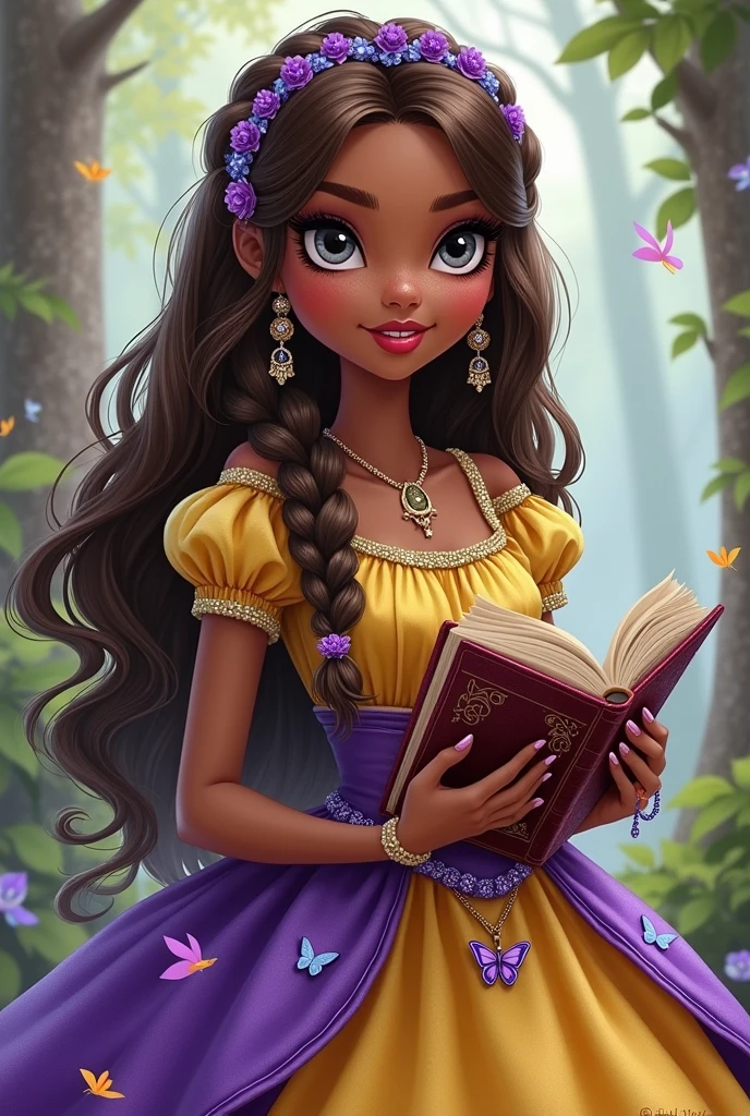 Imagem da filha da Cerise Hood e da Cedar Wood de Ever After High: You must have straight, wavy brown hair with white highlights and braids, dark brown skin, gray eyes, purple dress with white on top and yellow with purple on the bottom, wolf pendant, wolf earrings, elements of butterflies on clothes and holding a book of fairy tales