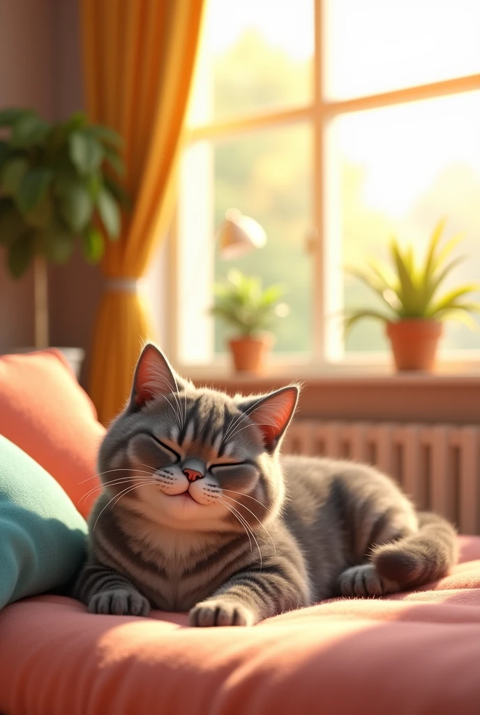 With a 3d Pixar Animation,A happy gray tabby cat lying on a soft bed by a sunlit window in a cozy, colorful living room. "The  sits nearby the cat in the picture, smiling, while sunlight fills the room with warmth."