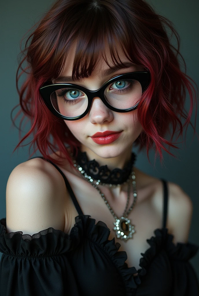 put in a freaky cool goth girl with short red and brown hair, glasses an a big grin, blue eye color, wearing vivienne westwood jewelry and fashion
