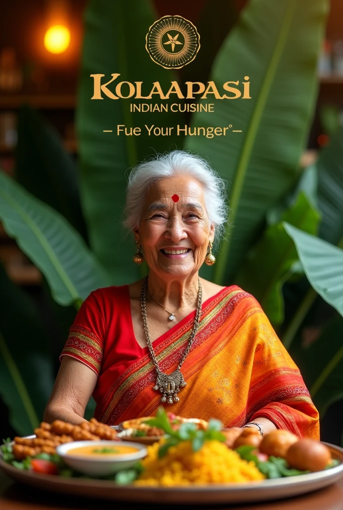 Classy banana leaf background with a happy old lady with restaurant name kolapasi indian cuisine with tag line fuel your hunger and thali with items