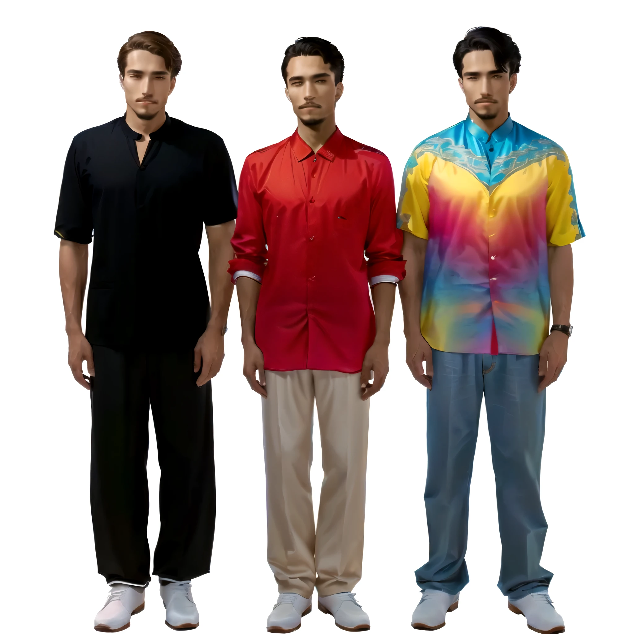 three men standing next to each other wearing different colored shirts, realistically rendered clothing, realistic clothing, diverse outfits, different full body view, with clothing, highly detailed clothing, highly detailed characters, each wearing correct era clothes, clothes high detail, wearing correct era clothes, high detail character models, full body pictures, full body portraits,