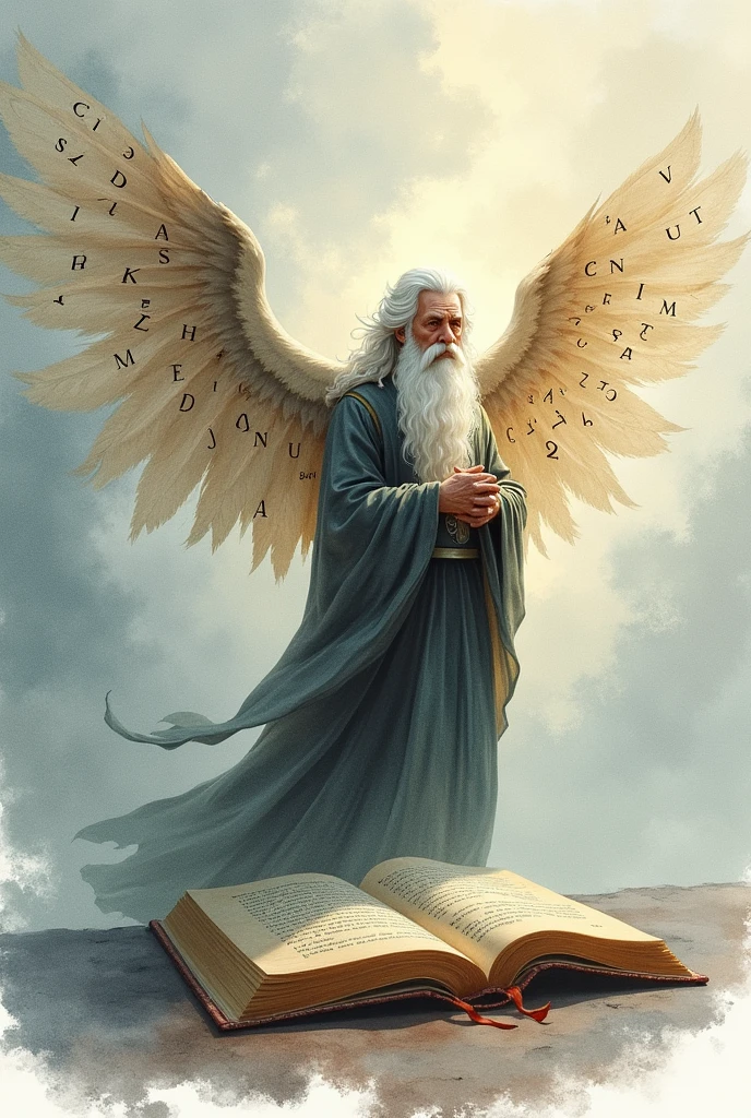 Book , knowledge,wing made of latters,,and wiseman as watercolour drawing