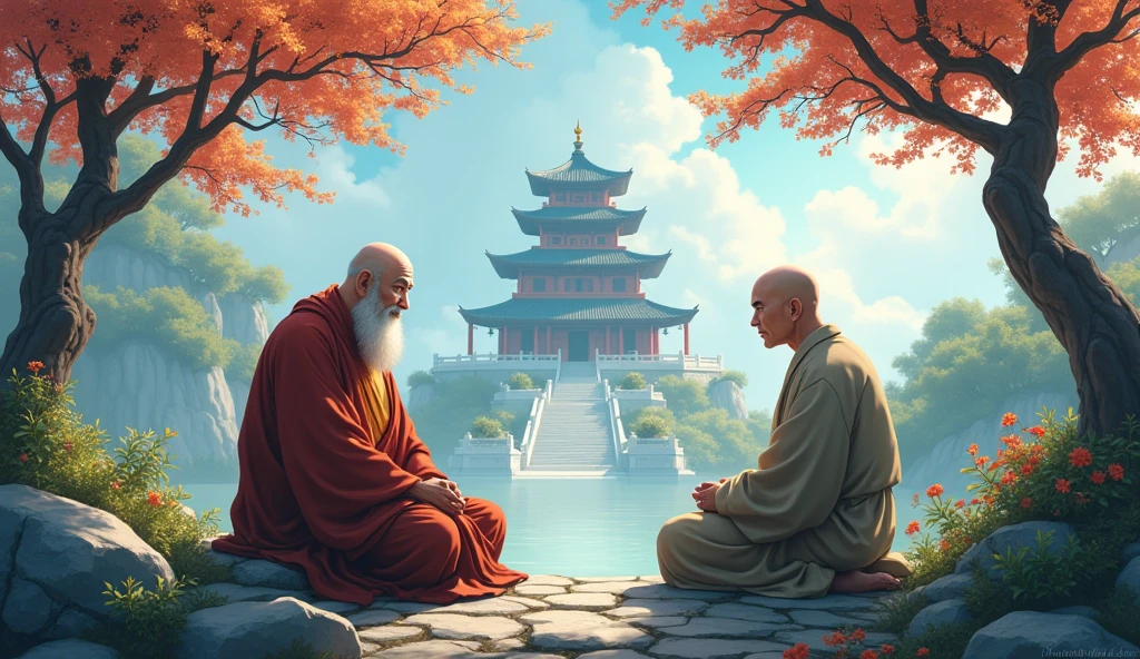 Chinese bald fat monk sensei talking to bald desciple, sitting on stones, beautiful scenario, peaceful, happy, surrounded by temples, in anime style, beautiful trees,