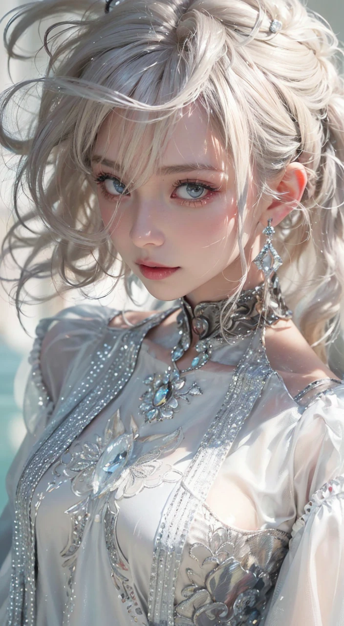 a bory girl, facing the front, underarm, armpit, nearly naked, thin body, skinny, (Highest quality authentic textured skin),(abyssal),(Fine, Round, Symmetrical eyes),Delicate facial features,(Burning bright and cold eyes), very slim and thin body, naked, nude, (She has a mischievous smile on her face),(Her face is gentle and beautiful),Glass earrings on the ears,,(Blonde hair),(silvery white hair),(Maroon hair),(Dramatic photo:1.4),(dramatic pose),(flamboyant photo), upturned eyes, upward glance, A messy painting,(Hair flows in air:1.5),(Vortices and tidal currents in the background),(Dramaticlight),(Magnificent scene),Epic realism,Cinematic feeling,(high-density imaging review:1.5),(Soft color:1.2),Ultra detailed,Dramaticlight,(intricately details:1.1),the complex background,