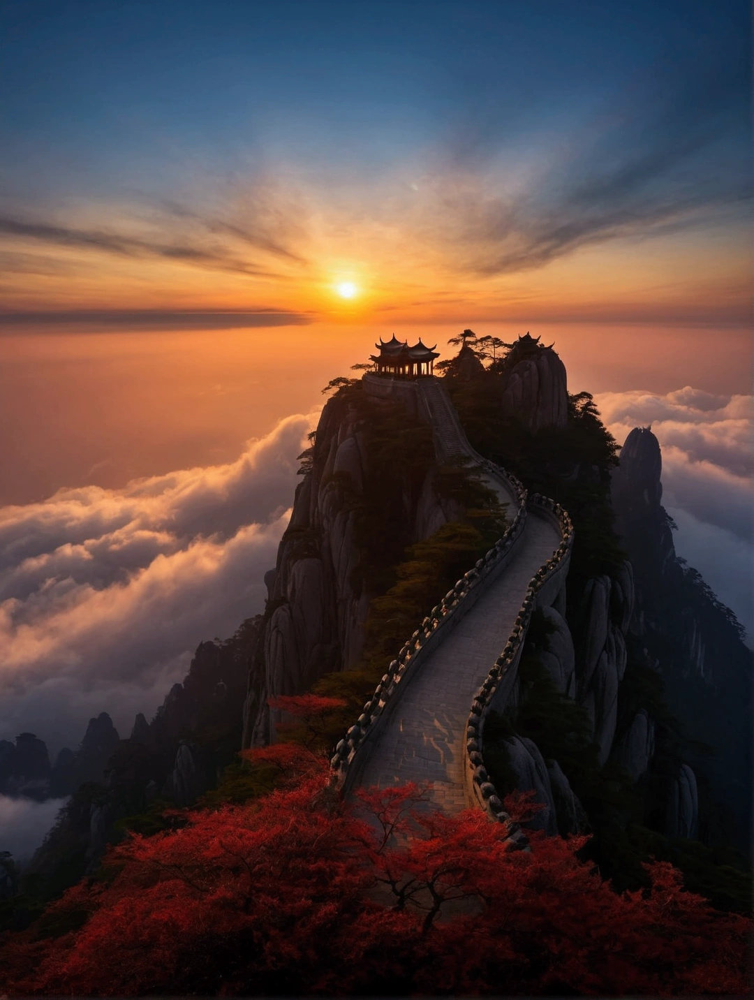 Side view of mountain peak,A path winds up, an Stunning scenery image, The most beautiful scenery, Taoist Temples in Huangshan, author:Yang J, Beautiful cloudy atmosphere, Stunning scenery, Sunset in the clouds, Beautiful sunrise, Towards beautiful, by Liu Haisu, sun rises between two mountains, Epic Sunrise, At sunrise