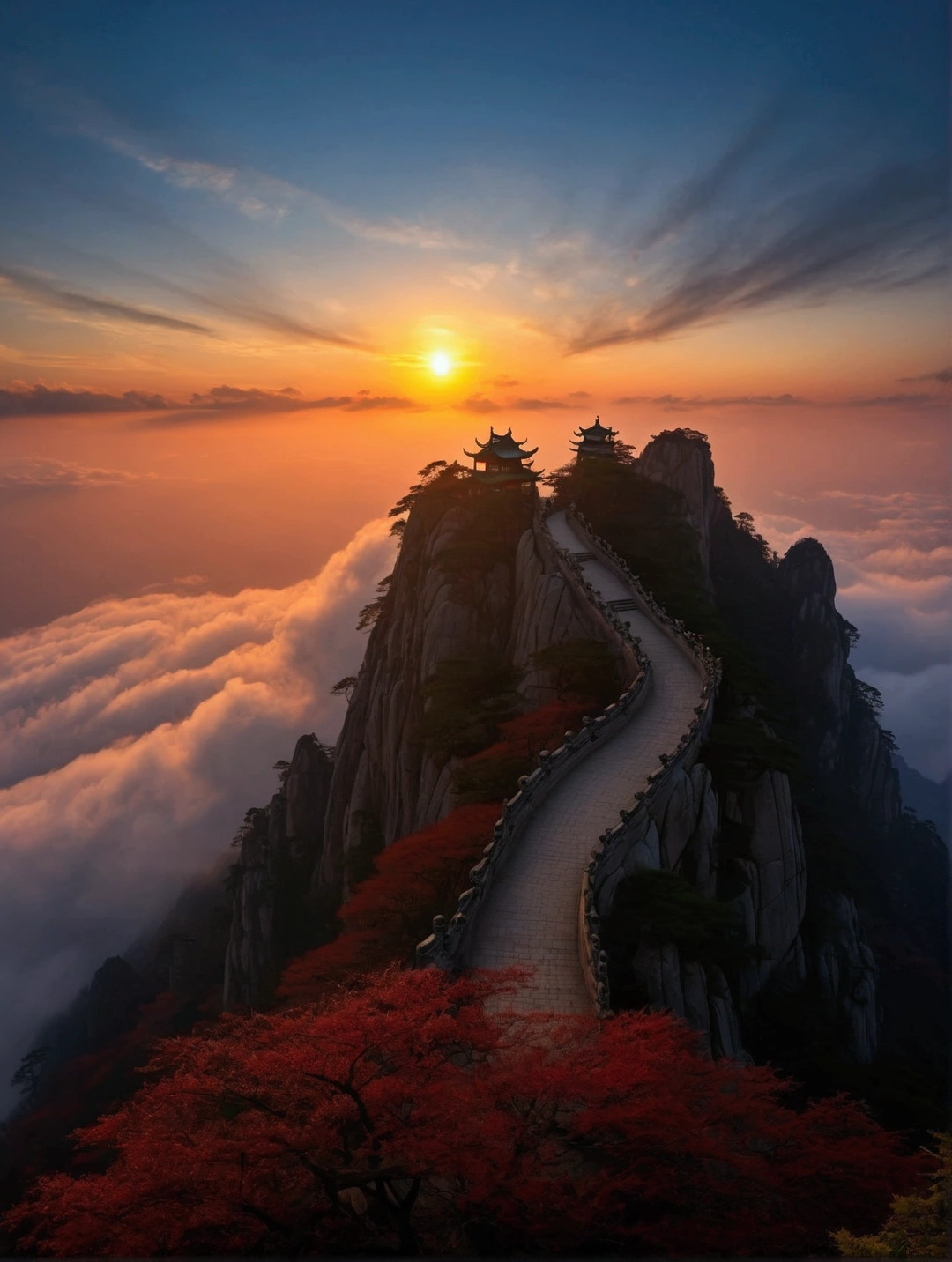 Side view of mountain peak，A path winds up, an Stunning scenery image, The most beautiful scenery, Taoist Temples in Huangshan, author：Yang J, Beautiful cloudy atmosphere, Stunning scenery, Sunset in the clouds, Beautiful sunrise, Towards beautiful, by Liu Haisu, sun rises between two mountains, Epic Sunrise, At sunrise