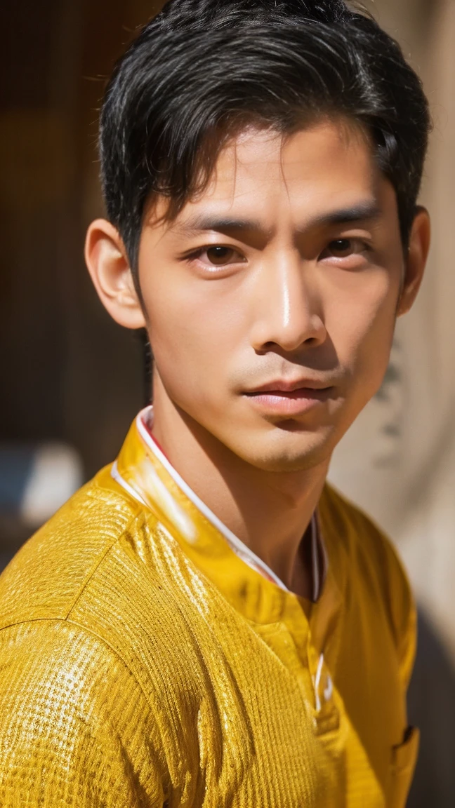 Real life skin, Real-Photography, This photorealistic portrait combines the style of National Geographic., Capture every detail of his textured skin in 8k resolution. Leica digital SLR. A Thai handsome guy super model fourty-year-old with his gentle smile, slightly muscular man, full body posing, wearing yellow undies, sexy underwear, His features were clearly visible., From the deep-set eyes., Make this image a true masterpiece. full-length, (8K UHD、RAW Photography、Photorealistic Portrait Leica Digital SLR、Lifelike images