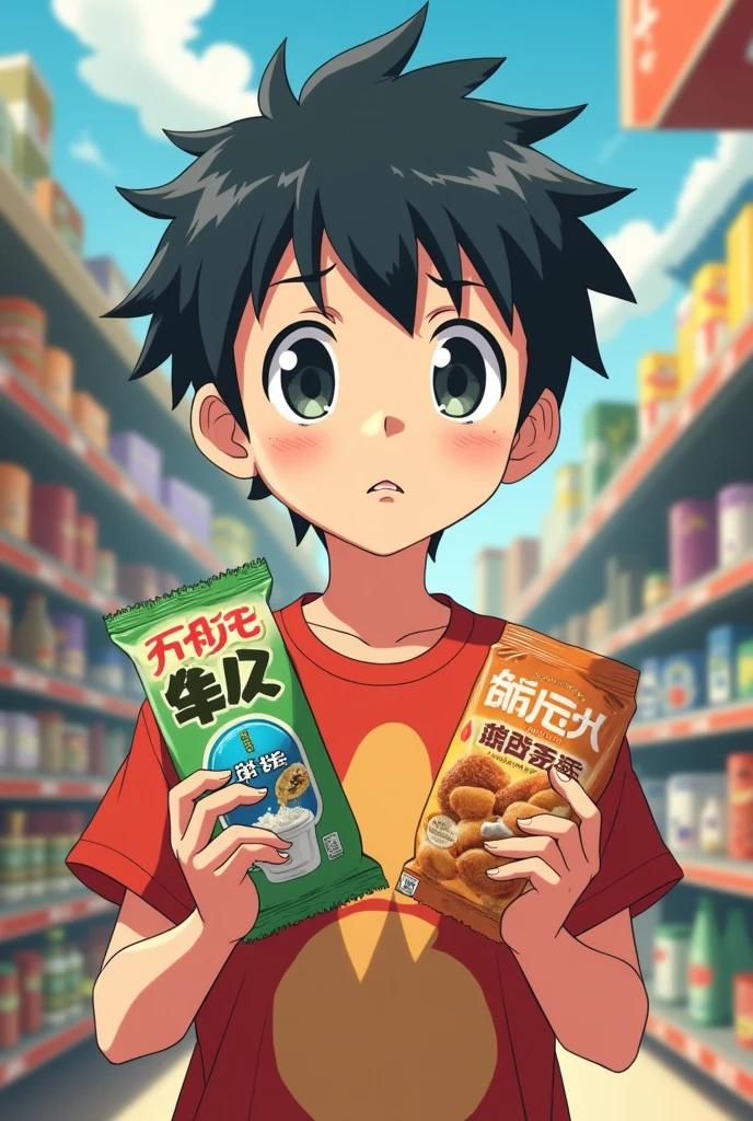 Make an anime cartoon about a boy thinking what to buy between two products one is real and the other is fake and he is holding the food product 