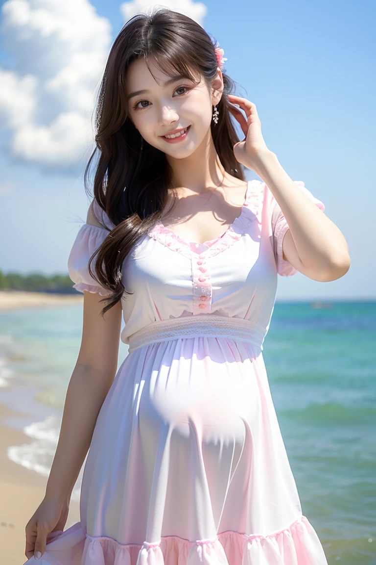 (Highest quality、masterpiece、8k、Best image quality、Hyperrealism、Award-winning works)、1 pregnant woman、(alone:1.1)、(1 photo:1.1)、(ta:1.1)、(Cute decorations:1.1)、(ガーリーな可愛いLolita少女:1.3)、ガーリーな大きいLolitaリボン、(Girly cute -ta wave hair:1.1)、A white T-shirt with elegant lace and frills、(Light pink long flare skirt, transparent, Light berry pattern.:1.2)、(late pregnancy:1.2)、Large Breasts、(Beautiful Hiroshi々滑らかな砂の上にStanding Elegantly:1.2)、(Vivid, clear, Carbonated water:1.2)、Beautiful surf edge、(Beautiful sunny sky:1.1)、(Beautiful thunderclouds:1.1)、Standing Elegantly、Look at me with your best smile、Accurate anatomy、Perfect Makeup、Long eyelashes、Glossy Lips、Ultra HD glossy skin、(Ultra-high resolution, bright and beautiful skin:1.2)、(very bright and vivid:1.3)、超高精細のGlossy Lips、Ultra-high resolution beautiful teeth