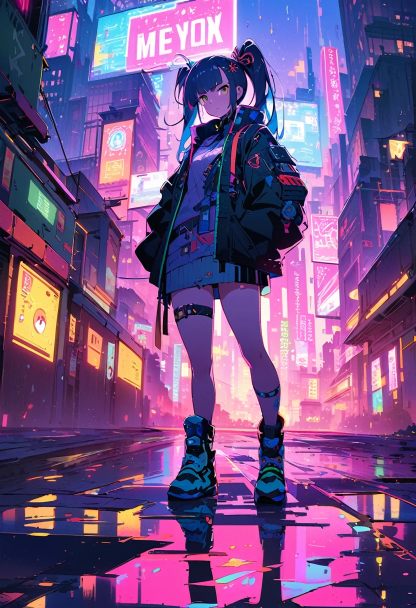 (best quality), (ultrafein), (masterpiece), Illustration, a girl,China-Samurai,cyberpunk, (cyberpunk,Samurai-Costume,Cybernetic implants,twintail-hair,) Hair Accessories, bright colours,dynamic lighting,neon lights,shining city skyline,holographic projection,Fashionable clothing of the future,a mix of traditional and modern elements,Avantgardistisches Make-up,exquisite hairstyle,Self-confidence and determination,Urban environment,Heavy rain,Reflection on wet road,Metall Textur,Mechanical Armor, gorgeous accessories,High-Tech-Gadgets,Impressive cybernetic improvements,Clear focus,Grumpy Details, Overclocked rendering, Cinematic edge light, fine light, masterpiece, super Details, epic work, Ultra-High-Definition, good quality, 32K