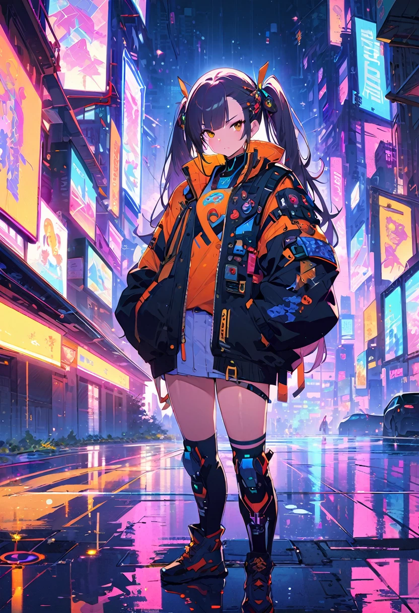 (best quality), (ultrafein), (masterpiece), Illustration, a girl,China-Samurai,cyberpunk, (cyberpunk,Samurai-Costume,Cybernetic implants,twintail-hair,) Hair Accessories, bright colours,dynamic lighting,neon lights,shining city skyline,holographic projection,Fashionable clothing of the future,a mix of traditional and modern elements,Avantgardistisches Make-up,exquisite hairstyle,Self-confidence and determination,Urban environment,Heavy rain,Reflection on wet road,Metall Textur,Mechanical Armor, gorgeous accessories,High-Tech-Gadgets,Impressive cybernetic improvements,Clear focus,Grumpy Details, Overclocked rendering, Cinematic edge light, fine light, masterpiece, super Details, epic work, Ultra-High-Definition, good quality, 32K
