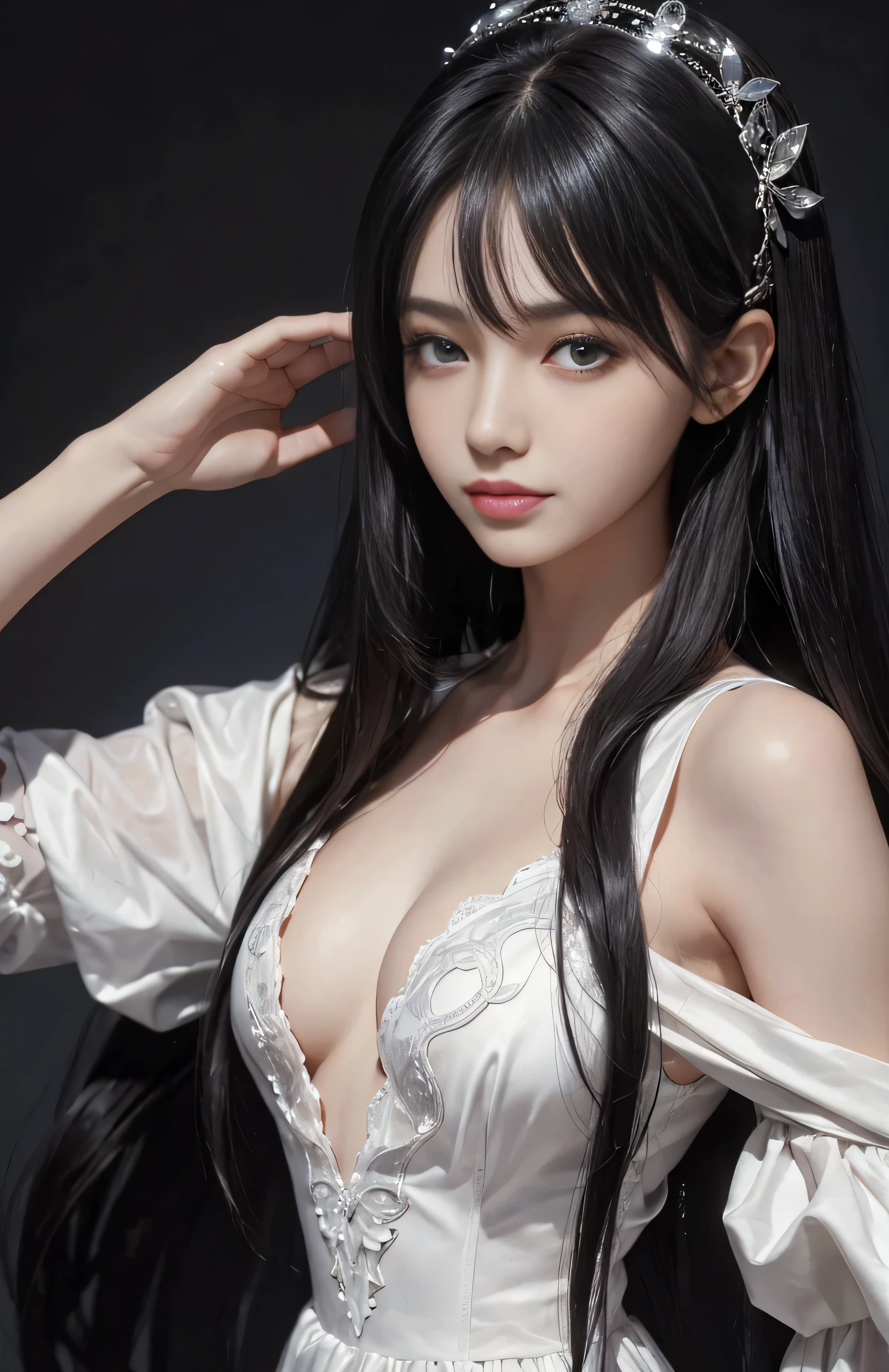 (surreal), (shape), (Improved resolution), (8k), (very detailed), (Best shape), (beautiful and detailed eyes), (highest quality), (Super detailed), (masterpiece ), ( wallpaper), (detailed face), 1 girl, , white dress, Large and loose chest, looking at the viewer, small details, detailed face, in the dark, deep shadow, private key, Pure erotic face ace_v1, smile, long hair, black straight hair , 46 point diagonal bangs