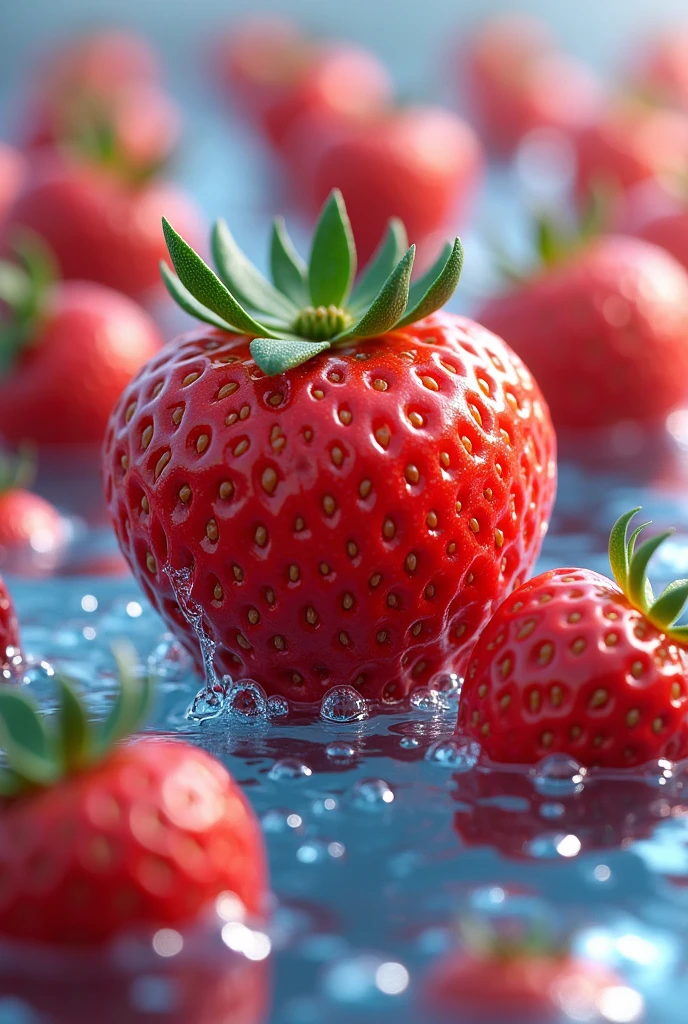 Fresh strawberries with water droplets in a water 3d and cartoonish