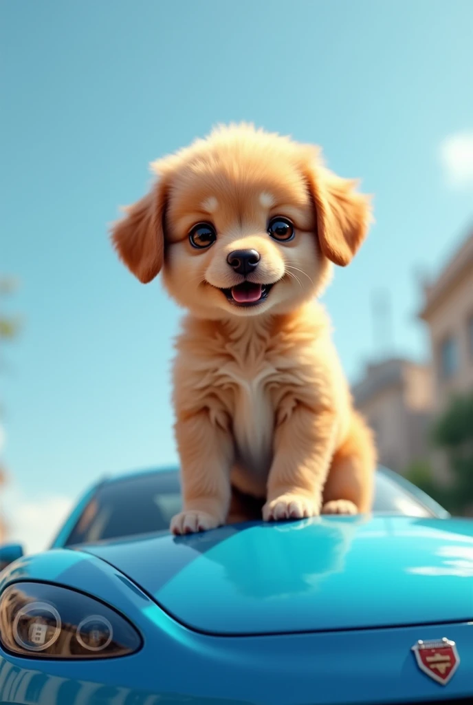 A small puppy golden brown colour  sit on the blue car