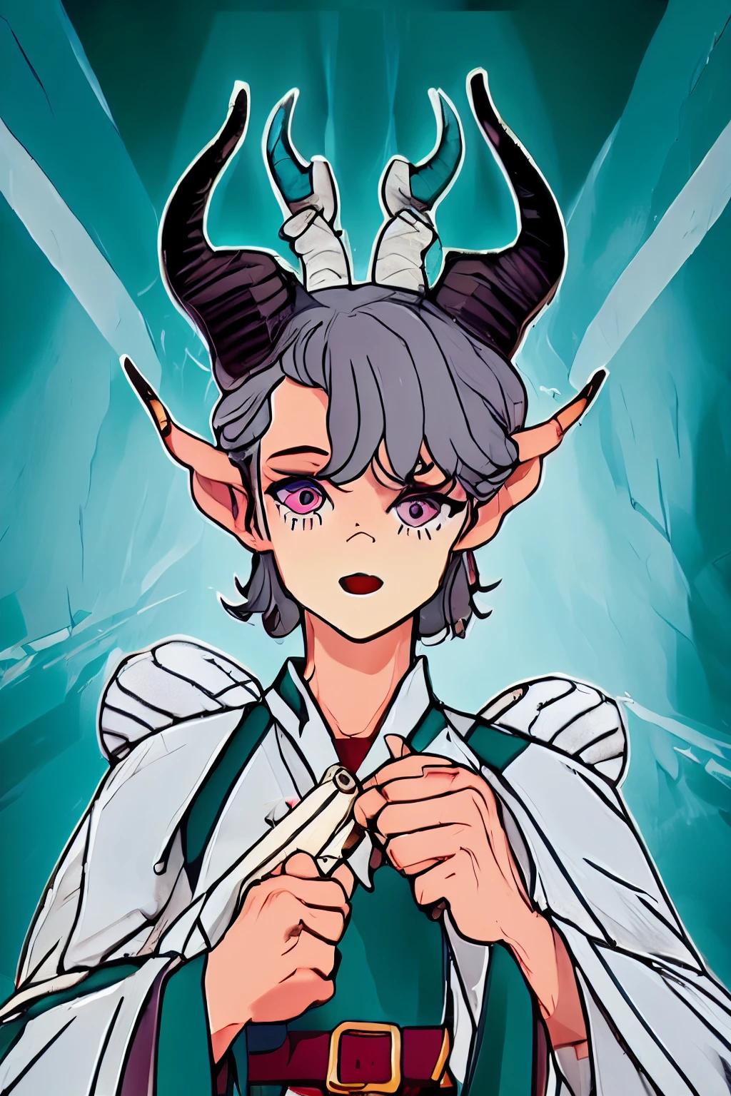 solo, tiefling man, (bright teal) skin color, teal green skin, light beige horns, horns curve behind head, (gray) hair, gray hair,   medium cut with wavy hair, padded robe, adventurer,  looking straight ahead