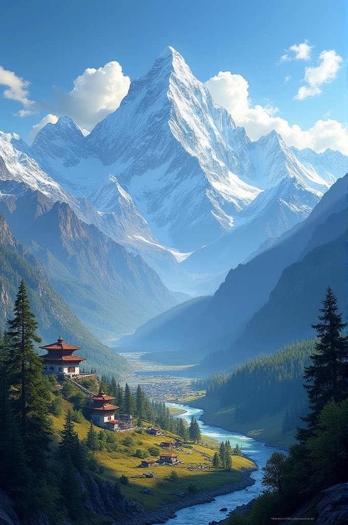 Nepal, a land where the sky meets the earth, home to the towering Himalayas. The snow-capped peaks, including the legendary Mount Everest, stand as sentinels, guarding the tranquil valleys below."