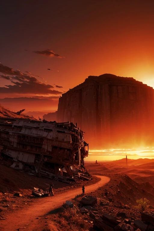 Highest quality、masterpiece、Desolate Earth、wreckage、Red Sky、Surrealism