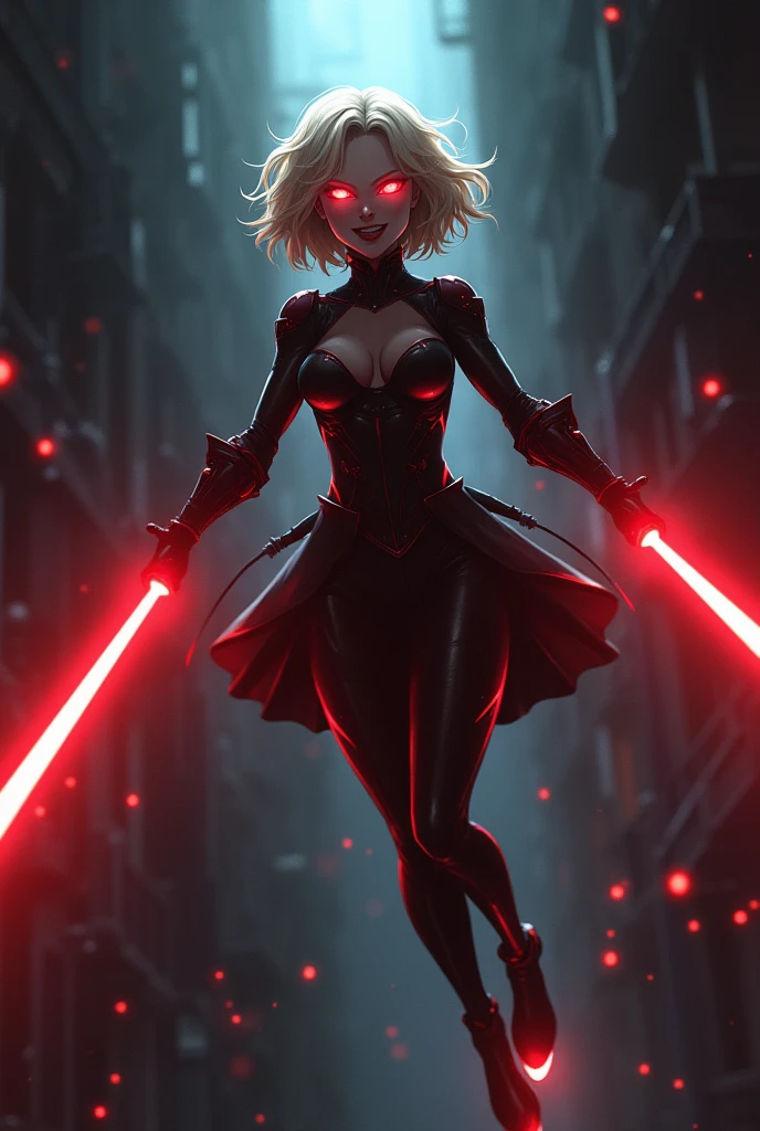 The image is anime style with shadows and dim lights, anime style although somewhat adult and dark, It shows a female android in a black latex suit and a kind of very short skirt., who looks to be 20 years old, She has short wavy blonde hair, smiles maliciously. He has crimson red eyes. is beautiful, but he seems like a psychopath. It is flying in a T pose, destroying with lasers coming out of their hands and elbows, as well as his knees and shoulders, to a building at dawn. The building is falling apart.
