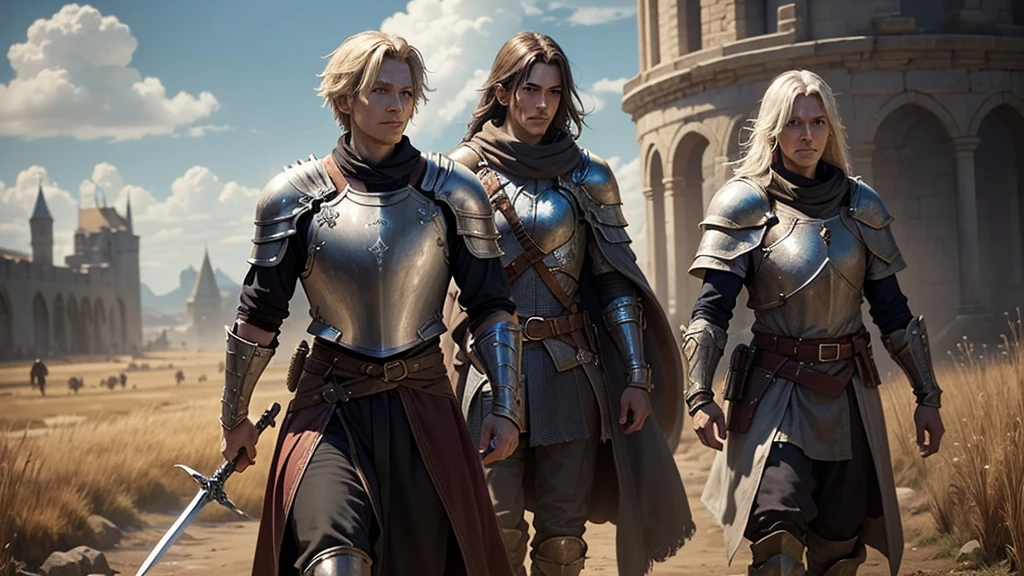need one character in a picture from a game in the genre mmo rpg related to the world of sword and magic, the character must be a knight in old dirty armor but at the same time inspiring confidence and strength, against the backdrop of peacetime somewhere in the field