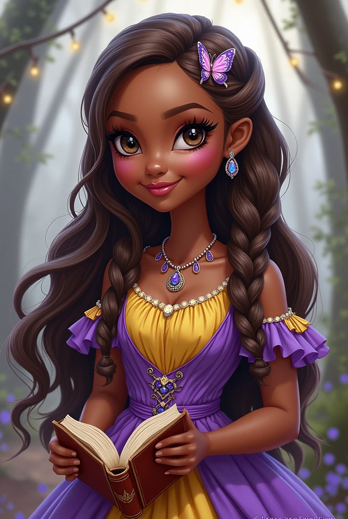 Imagem da filha da Cerise Hood e da Cedar Wood de Ever After High: You must have straight, wavy brown hair with white highlights and braids, dark brown skin, gray eyes, purple dress with white on top and yellow with purple on the bottom, wolf pendant, wolf earrings, elements of butterflies on clothes and holding a book of fairy tales