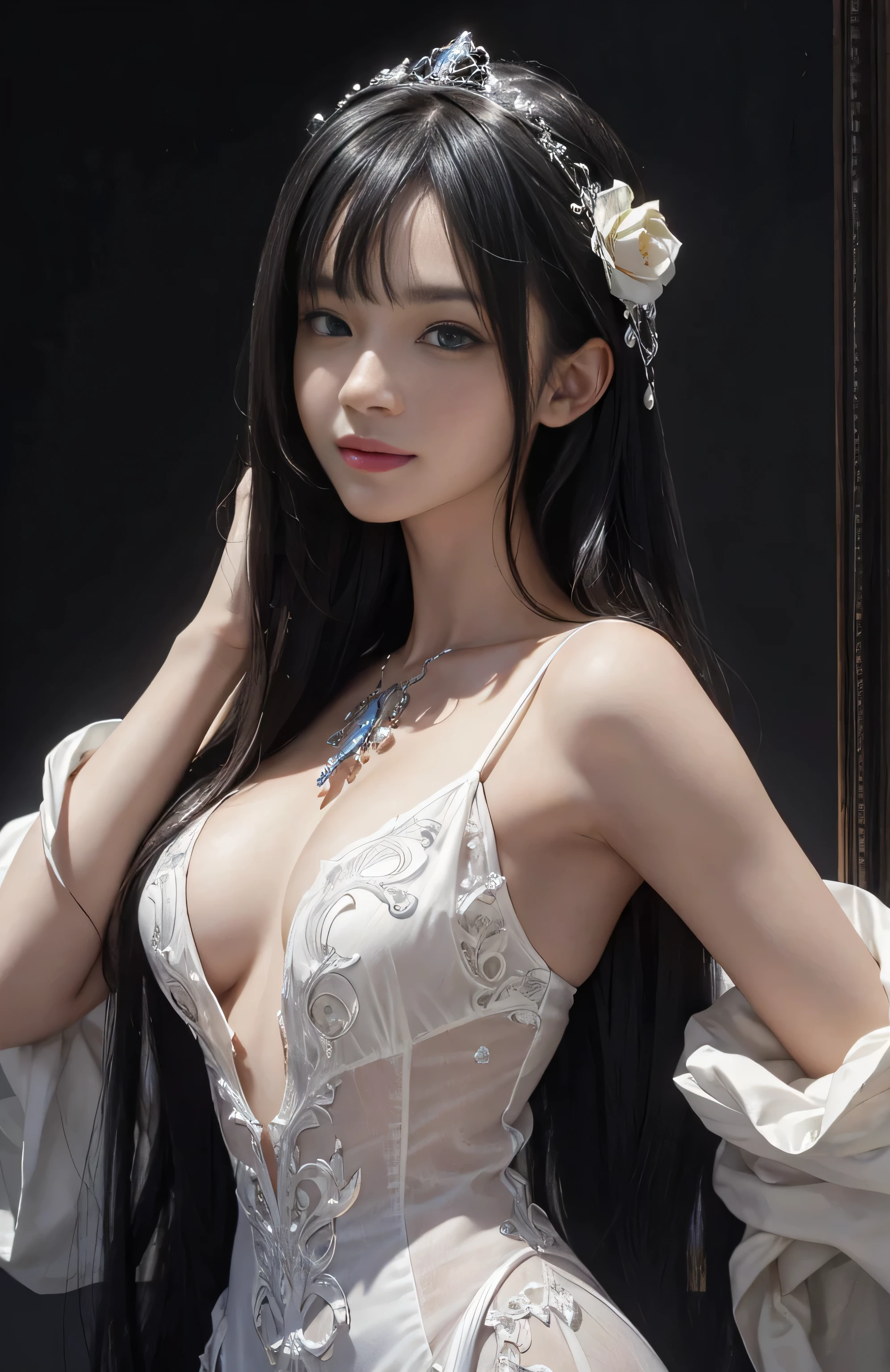 (surreal), (shape), (Improved resolution), (8k), (very detailed), (Best shape), (beautiful and detailed eyes), (highest quality), (Super detailed), (masterpiece ), ( wallpaper), (detailed face), 1 girl, , white dress, Large and loose chest, looking at the viewer, small details, detailed face, in the dark, deep shadow, private key, Pure erotic face ace_v1, smile, long hair, black straight hair , 46 point diagonal bangs