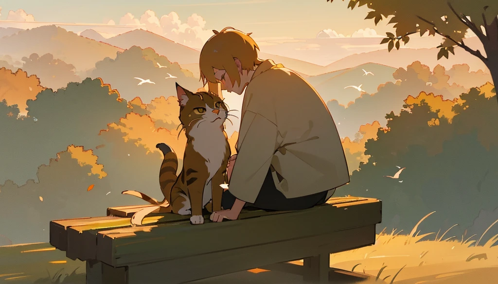 ((detailed anime style masterpiece)), sunset, Japanese city, a top view to a Ghibli style low detailed sweet cat sitting on a bench in a park, people walking around, beautiful evening atmosphere, beautiful trees and grass, detailed pleasant clouds, several birds in the air, also leaves falling from trees, (best quality,4k,8k,highres,masterpiece:1.2), detailed grass, detailed clouds, detailed birds, detailed falling leaves, muted colors, warm lighting, golden hour
