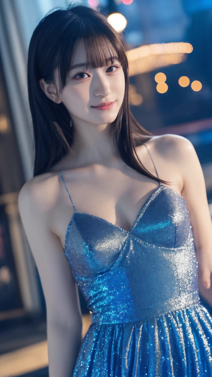 1girl,(wearing a blue glittery evening dress:1.2),(RAW photo, best quality), (realistic, photo-realistic:1.4), masterpiece, an extremely delicate and beautiful, extremely detailed, 2k wallpaper, Amazing, finely detail, extremely detailed CG unity 8k wallpaper, ultra-detailed, highres, soft light, beautiful detailed girl, extremely detailed eyes and face, beautiful detailed nose, beautiful detailed eyes,cinematic lighting,city lights at night,perfect anatomy,slender body,light smile,close up,(long hair with bangs)