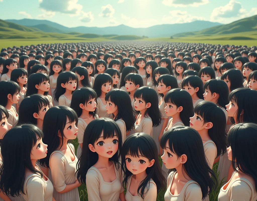 (((((Japanese Clone girls=Myself)))))), (((best masterpiece Clone girls Raw Photography Art))), (16K, Highest quality, Ultra-high resolution, RAW Photos), (((Unrealistic, Unparalleled depiction, An unbelievable sight, Unprecedented and shocking, In a world where myselves are multiplied, Ultra-realistic))), (((Japanese, woman, 26yo, Sasaki Nozomi))), (Small face, ((Thick black hair, Semi-long hair))), ((V-neck short-sleeve dress)), (((((Very beautiful detailed girls, Accurate body structure, Very detailed完璧な, A super busty body with very large breasts, Great proportions, super big breasts, Big, voluptuous breasts, The cleavage is very plump and emphasized))))), (((Dark Eyes, Mature face, Cute Smile, A gentle gaze, ((Very happy laughter))))), ((((((((Very detailedcloning描写, ((1Myself→cloning→1,000,000,000,000,000,000,000,000Myself)))))))))), ((((((((Very detailed, 寸分違いない緻密なMyself multiplication描写の, ((With the same perfectly MySelf body, With a face that is exactly the same as Myself, With the exact same hairstyle as Myself, In the exact same clothes as Myself, Perfectly the same height as Myself, The same super big breasts as Myself)))))))))), (((Myself only))), (((Very detailed, Myself multiplication, 1,000,000,000,000,000,000,000,000Myself→100,000,000,000,000,000,000,000,000,000,000,000,000,000,000^1,000,000,000,000,000,000Myself))), (((Very detailed, (An embrace between self, Back to Back, Myself is here!, Fun conversation with others, Happy conversation with myself, Kissing each other anywhere, Doting on Myself, Myself holding hands)))), (Free pose), (Sexual seduction), (((Unbelievably crowded, Close contact between transcendent selves, Countless "myselves" completely surround me in 360 degrees))), (Bright and soft sunlight), (((Very wide field of view, Very detailed, Detailed ultra-perspective depiction with clear depth))), (((((Rural landscape with slopes))))), (((Very photographic and detailed, Myself will grow infinitely more, filling the horizon with no gaps and in a super close contact, Myself exists infinitely and it creates a fun atmosphere))), (Focus on the average value of the image)