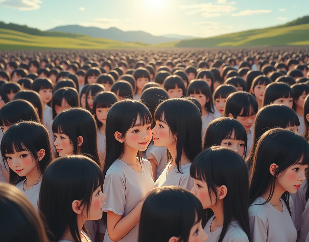 (((((Japanese Clone girls=Myself)))))), (((best masterpiece Clone girls Raw Photography Art))), (16K, Highest quality, Ultra-high resolution, RAW Photos), (((Unrealistic, Unparalleled depiction, An unbelievable sight, Unprecedented and shocking, In a world where myselves are multiplied, Ultra-realistic))), (((Japanese, woman, 26yo, Sasaki Nozomi))), (Small face, ((Thick black hair, Semi-long hair))), ((V-neck short-sleeve dress)), (((((Very beautiful detailed girls, Accurate body structure, Very detailed完璧な, A super busty body with very large breasts, Great proportions, super big breasts, Big, voluptuous breasts, The cleavage is very plump and emphasized))))), (((Dark Eyes, Mature face, Cute Smile, A gentle gaze, ((Very happy laughter))))), ((((((((Very detailedcloning描写, ((1Myself→cloning→1,000,000,000,000,000,000,000,000Myself)))))))))), ((((((((Very detailed, 寸分違いない緻密なMyself multiplication描写の, ((With the same perfectly MySelf body, With a face that is exactly the same as Myself, With the exact same hairstyle as Myself, In the exact same clothes as Myself, Perfectly the same height as Myself, The same super big breasts as Myself)))))))))), (((Myself only))), (((Very detailed, Myself multiplication, 1,000,000,000,000,000,000,000,000Myself→100,000,000,000,000,000,000,000,000,000,000,000,000,000,000^1,000,000,000,000,000,000Myself))), (((Very detailed, (An embrace between self, Back to Back, Myself is here!, Fun conversation with others, Happy conversation with myself, Kissing each other anywhere, Doting on Myself, Myself holding hands)))), (Free pose), (Sexual seduction), (((Unbelievably crowded, Close contact between transcendent selves, Countless "myselves" completely surround me in 360 degrees))), (Bright and soft sunlight), (((Very wide field of view, Very detailed, Detailed ultra-perspective depiction with clear depth))), (((((Rural landscape with slopes))))), (((Very photographic and detailed, Myself will grow infinitely more, filling the horizon with no gaps and in a super close contact, Myself exists infinitely and it creates a fun atmosphere))), (Focus on the average value of the image)