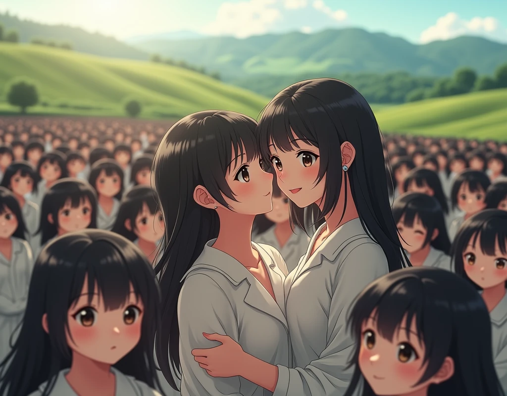 (((((Japanese Clone girls=Myself)))))), (((best masterpiece Clone girls Raw Photography Art))), (16K, Highest quality, Ultra-high resolution, RAW Photos), (((Unrealistic, Unparalleled depiction, An unbelievable sight, Unprecedented and shocking, In a world where myselves are multiplied, Ultra-realistic))), (((Japanese, woman, 26yo, Sasaki Nozomi))), (Small face, ((Thick black hair, Semi-long hair))), ((V-neck short-sleeve dress)), (((((Very beautiful detailed girls, Accurate body structure, Very detailed完璧な, A super busty body with very large breasts, Great proportions, super big breasts, Big, voluptuous breasts, The cleavage is very plump and emphasized))))), (((Dark Eyes, Mature face, Cute Smile, A gentle gaze, ((Very happy laughter))))), ((((((((Very detailedcloning描写, ((1Myself→cloning→1,000,000,000,000,000,000,000,000Myself)))))))))), ((((((((Very detailed, 寸分違いない緻密なMyself multiplication描写の, ((With the same perfectly MySelf body, With a face that is exactly the same as Myself, With the exact same hairstyle as Myself, In the exact same clothes as Myself, Perfectly the same height as Myself, The same super big breasts as Myself)))))))))), (((Myself only))), (((Very detailed, Myself multiplication, 1,000,000,000,000,000,000,000,000Myself→100,000,000,000,000,000,000,000,000,000,000,000,000,000,000^1,000,000,000,000,000,000Myself))), (((Very detailed, (An embrace between self, Back to Back, Myself is here!, Fun conversation with others, Happy conversation with myself, Kissing each other anywhere, Doting on Myself, Myself holding hands)))), (Free pose), (Sexual seduction), (((Unbelievably crowded, Close contact between transcendent selves, Countless &quot;myselves&quot; completely surround me in 360 degrees))), (Bright and soft sunlight), (((Very wide field of view, Very detailed, Detailed ultra-perspective depiction with clear depth))), (((((Rural landscape with slopes))))), (((Very photographic and detailed, Myself will grow infinitely more, filling the horizon with no gaps and in a super close contact, Myself exists infinitely and it creates a fun atmosphere))), (Focus on the average value of the image)