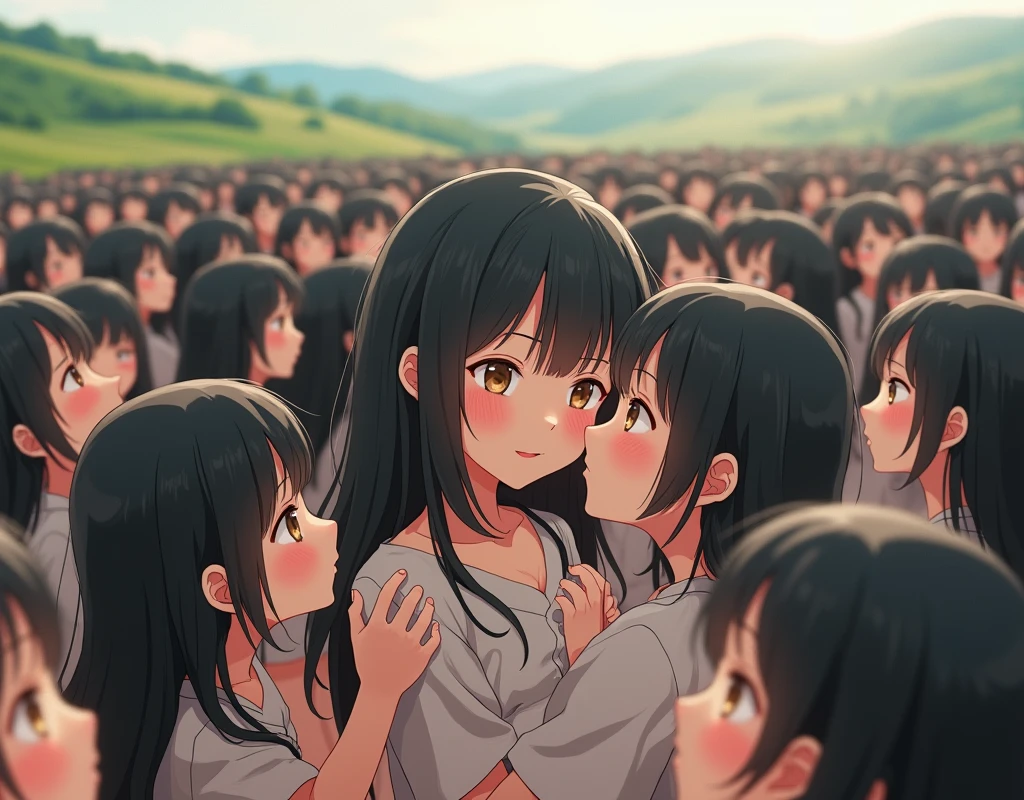 (((((Japanese Clone girls=Myself)))))), (((best masterpiece Clone girls Raw Photography Art))), (16K, Highest quality, Ultra-high resolution, RAW Photos), (((Unrealistic, Unparalleled depiction, An unbelievable sight, Unprecedented and shocking, In a world where myselves are multiplied, Ultra-realistic))), (((Japanese, woman, 26yo, Sasaki Nozomi))), (Small face, ((Thick black hair, Semi-long hair))), ((V-neck short-sleeve dress)), (((((Very beautiful detailed girls, Accurate body structure, Very detailed完璧な, A super busty body with very large breasts, Great proportions, super big breasts, Big, voluptuous breasts, The cleavage is very plump and emphasized))))), (((Dark Eyes, Mature face, Cute Smile, A gentle gaze, ((Very happy laughter))))), ((((((((Very detailedcloning描写, ((1Myself→cloning→1,000,000,000,000,000,000,000,000Myself)))))))))), ((((((((Very detailed, 寸分違いない緻密なMyself multiplication描写の, ((With the same perfectly MySelf body, With a face that is exactly the same as Myself, With the exact same hairstyle as Myself, In the exact same clothes as Myself, Perfectly the same height as Myself, The same super big breasts as Myself)))))))))), (((Myself only))), (((Very detailed, Myself multiplication, 1,000,000,000,000,000,000,000,000Myself→100,000,000,000,000,000,000,000,000,000,000,000,000,000,000^1,000,000,000,000,000,000Myself))), (((Very detailed, (An embrace between self, Back to Back, Myself is here!, Fun conversation with others, Happy conversation with myself, Kissing each other anywhere, Doting on Myself, Myself holding hands)))), (Free pose), (Sexual seduction), (((Unbelievably crowded, Close contact between transcendent selves, Countless "myselves" completely surround me in 360 degrees))), (Bright and soft sunlight), (((Very wide field of view, Very detailed, Detailed ultra-perspective depiction with clear depth))), (((((Rural landscape with slopes))))), (((Very photographic and detailed, Myself will grow infinitely more, filling the horizon with no gaps and in a super close contact, Myself exists infinitely and it creates a fun atmosphere))), (Focus on the average value of the image)