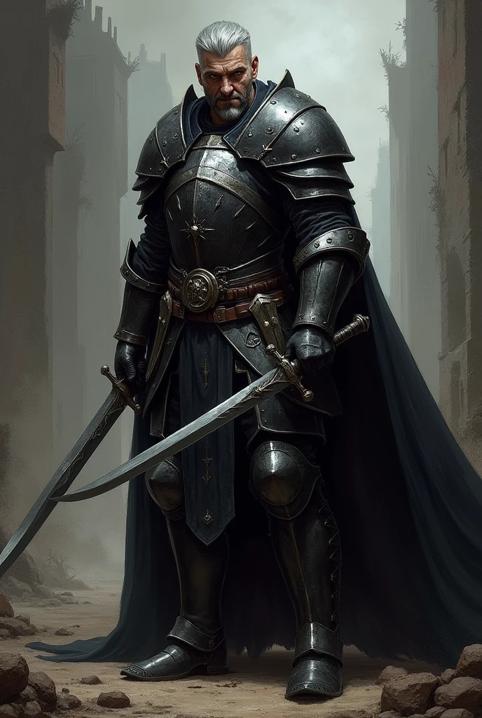 A visual depiction of Grim Havel, the ruthless leader of the Iron Talons mercenary band, set in a dark fantasy Renaissance Era theme. Grim Havel is shown as an imposing figure, standing at 6'3" with a broad, muscular build. His face is weathered and scarred, most notably with a deep scar running from his left temple down to his jawline. His eyes are a cold, piercing gray, filled with a calculating and malevolent intellect. His hair is short and streaked with gray, matching his battle-hardened appearance. He wears blackened steel armor adorned with the emblem of the Iron Talons—a black talon slashing across a blood-red field. Over his armor, he wears a long, dark cloak that adds to his intimidating presence. Havel holds a longsword in one hand and a curved dagger in the other, both of which are clearly well-used and deadly. The background suggests a grim battlefield or a dark, war-torn city, emphasizing his role as a fearsome and ruthless commander. The depiction should be in a realistic, high-detail oil painting style, capturing the menacing and powerful aura of Grim Havel.