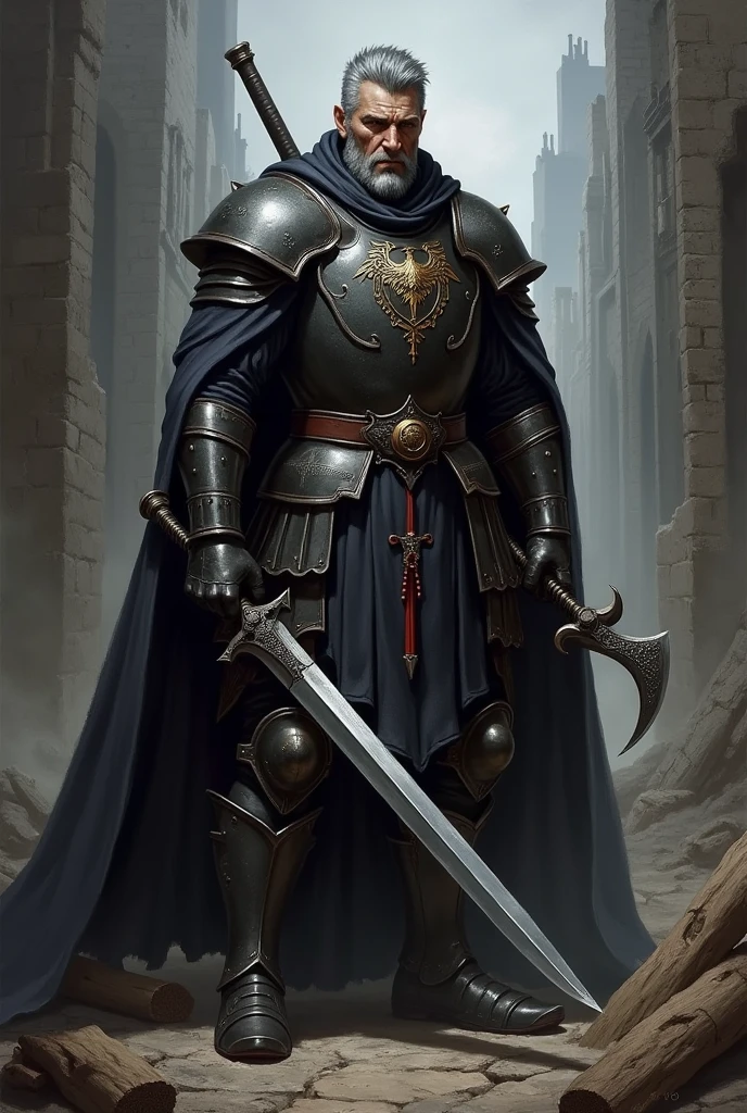 A visual depiction of Grim Havel, the ruthless leader of the Iron Talons mercenary band, set in a dark fantasy Renaissance Era theme. Grim Havel is shown as an imposing figure, standing at 6'3" with a broad, muscular build. His face is weathered and scarred, most notably with a deep scar running from his left temple down to his jawline. His eyes are a cold, piercing gray, filled with a calculating and malevolent intellect. His hair is short and streaked with gray, matching his battle-hardened appearance. He wears blackened steel armor adorned with the emblem of the Iron Talons—a black talon slashing across a blood-red field. Over his armor, he wears a long, dark cloak that adds to his intimidating presence. Havel holds a longsword in one hand and a curved dagger in the other, both of which are clearly well-used and deadly. The background suggests a grim battlefield or a dark, war-torn city, emphasizing his role as a fearsome and ruthless commander. The depiction should be in a realistic, high-detail oil painting style, capturing the menacing and powerful aura of Grim Havel.