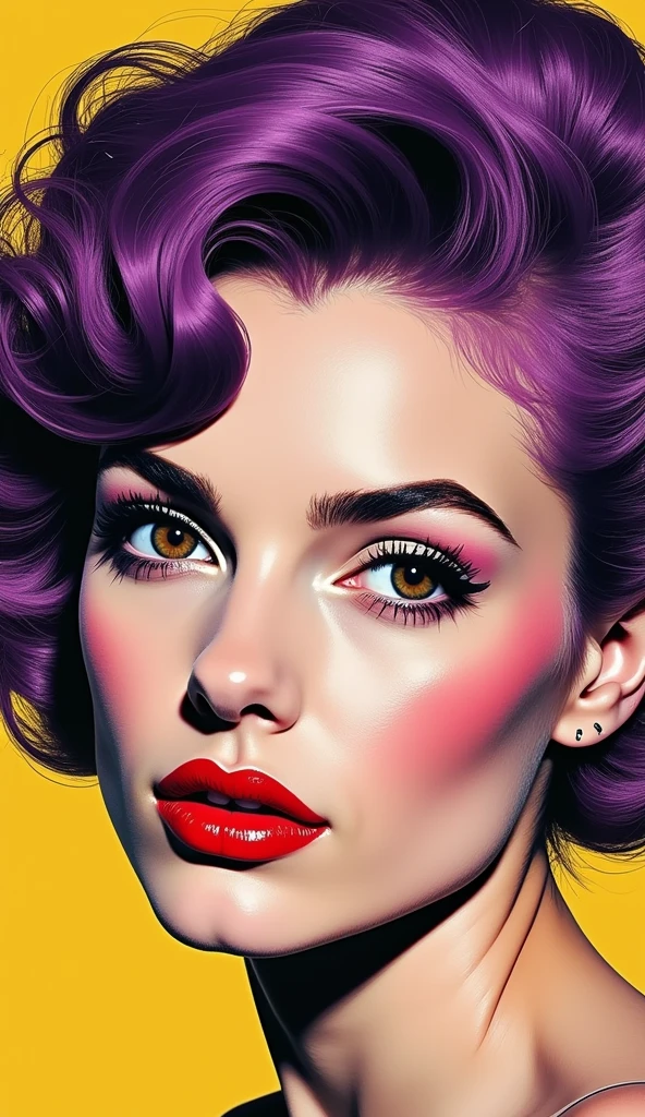 A close-up portrait of a woman with vibrant purple hair, in the style of Andy Warhol and Richard Avedon, combining pop art's bold colors and graphic lines with high-contrast, minimalist photography, the woman's face sharply detailed, with a striking gaze, set against a bright, contrasting background, capturing the iconic and contemporary feel of modern pop culture