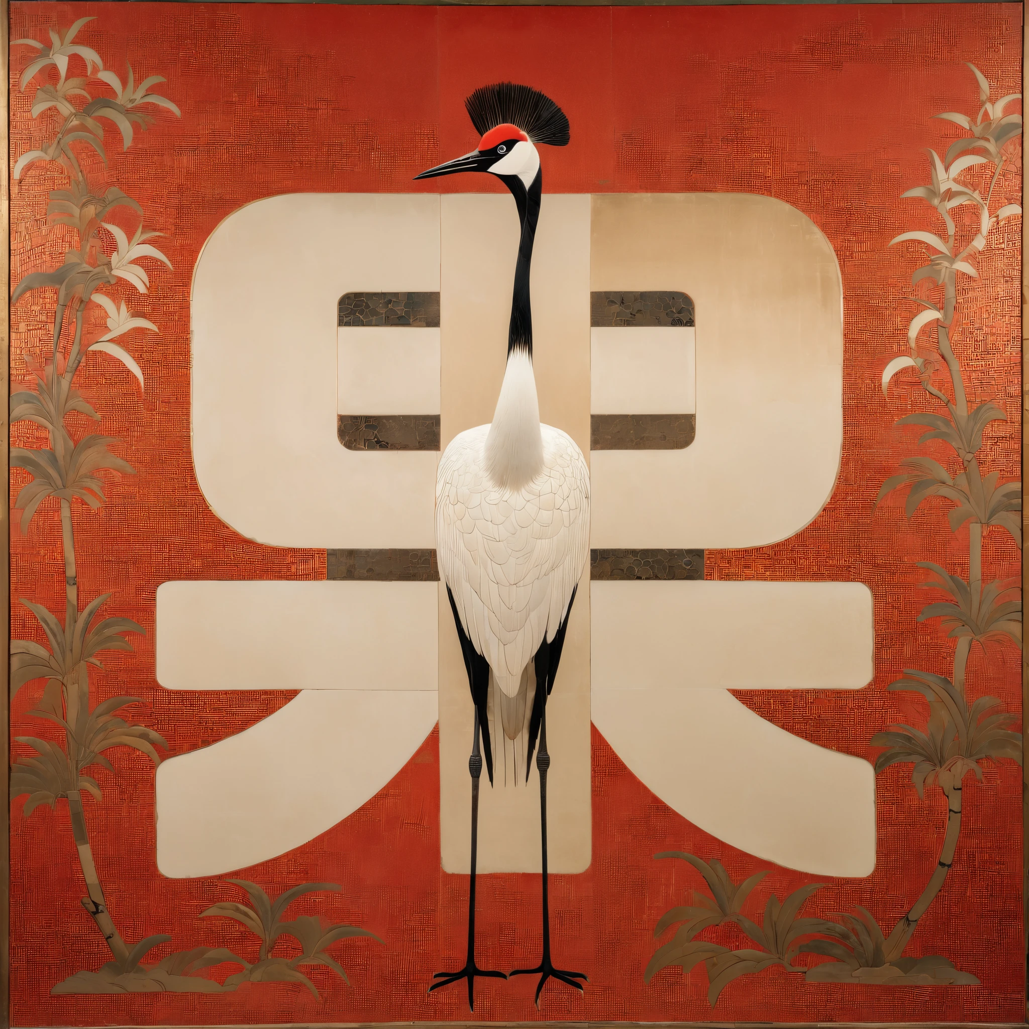 A red-crowned crane on a red background,There is a cut panel in the background, Japanese Art Museum, Dark white and light brown, Elegant and balanced, Standard collection, song huizong, Song Dynasty, Mosaic, Flat composition