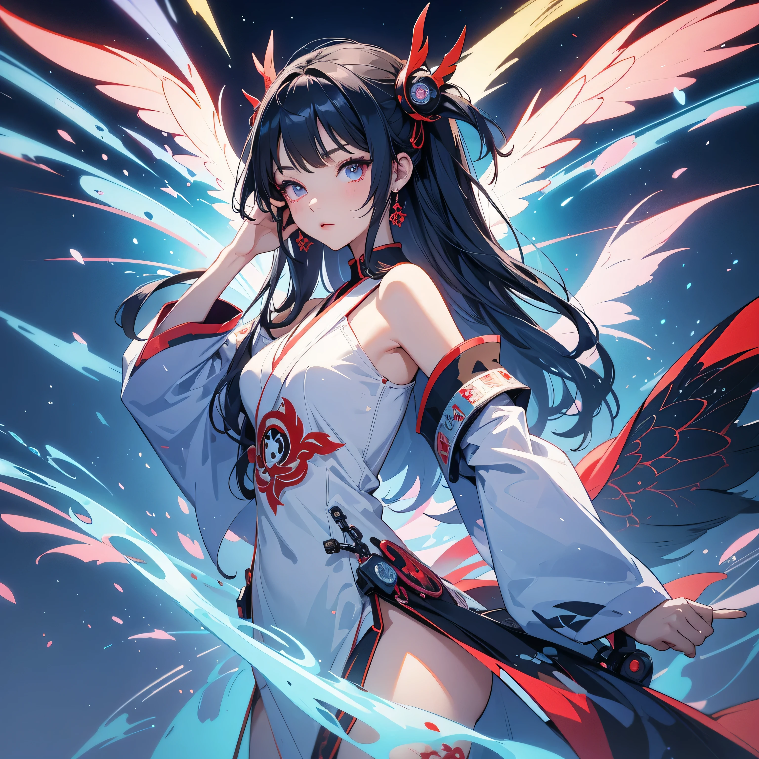 A vector art style, front view of an anime girl with traditional Japanese elements and cyberpunk design, hands in a prayer pose, multiple eyes on her head, she has wings behind her back, the background is a temple with a red and blue color theme, a colorful pop art illustration in the style of cool, a highly detailed, clean, bold manga poster, a 2D, flat, symmetrical composition. --ar 3:4 --niji 6