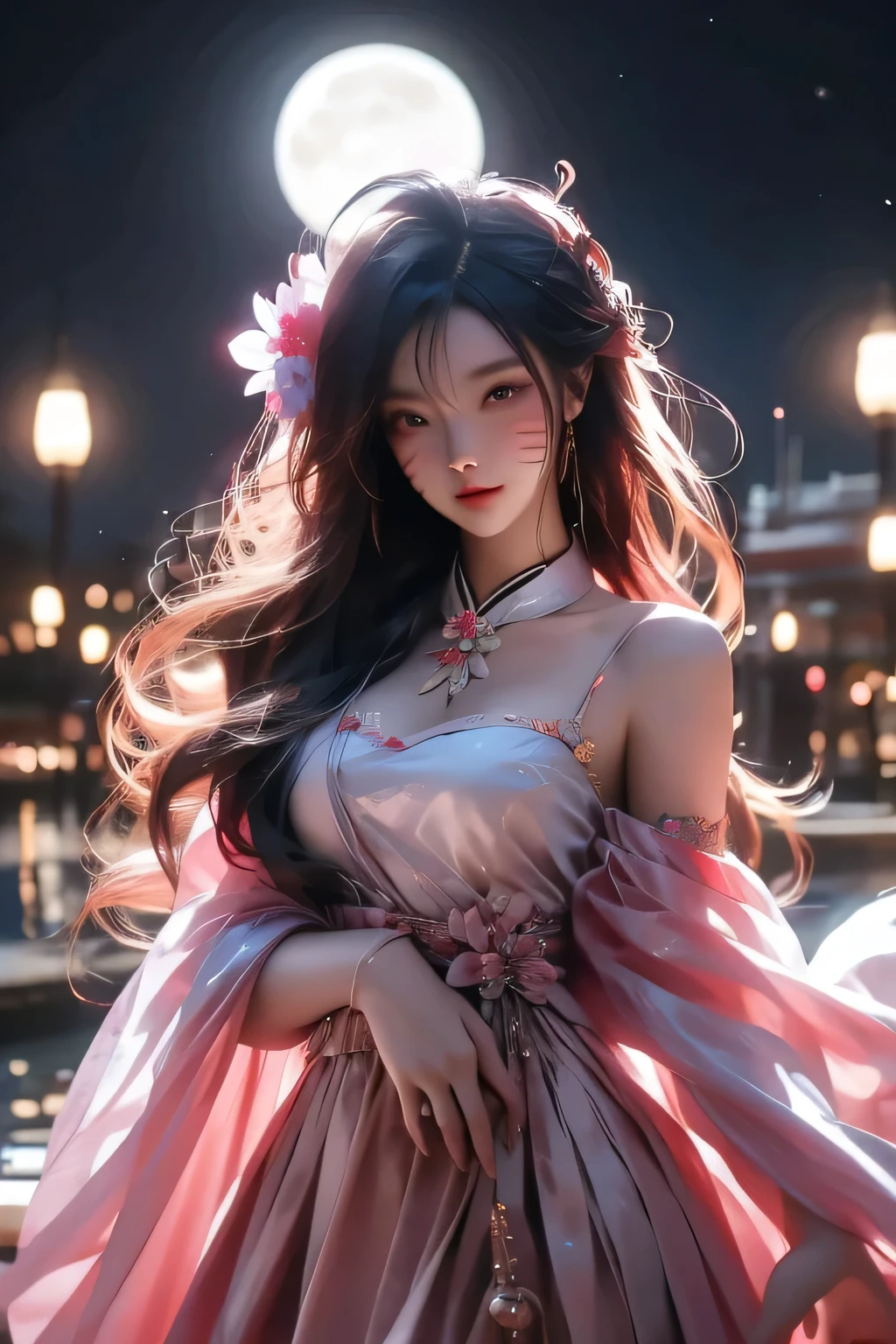 best quality, High target_solve, clearly_image, Detailed background ,girl, Hanbok,flower,flower园,moon, night,<