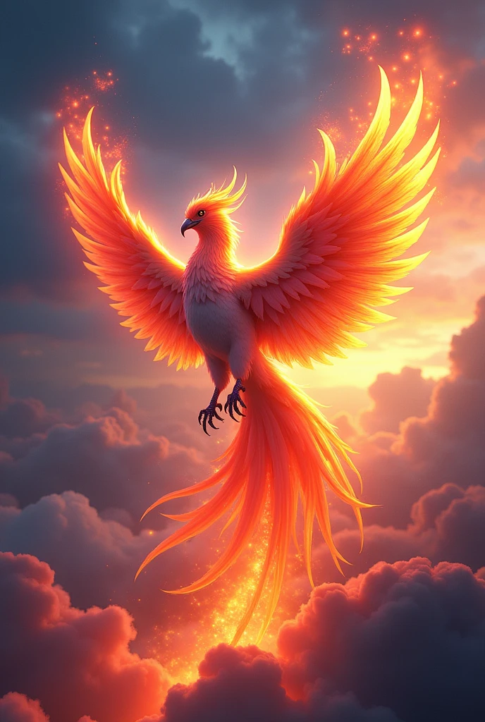 Mythical Phoenix Rising: Illustrate a vibrant phoenix emerging from a burst of flames, its feathers shimmering in a spectrum of colors. The background features a dramatic twilight sky with swirling clouds, enhancing the mythical and powerful aura of the phoenix, 3d digital artwork.