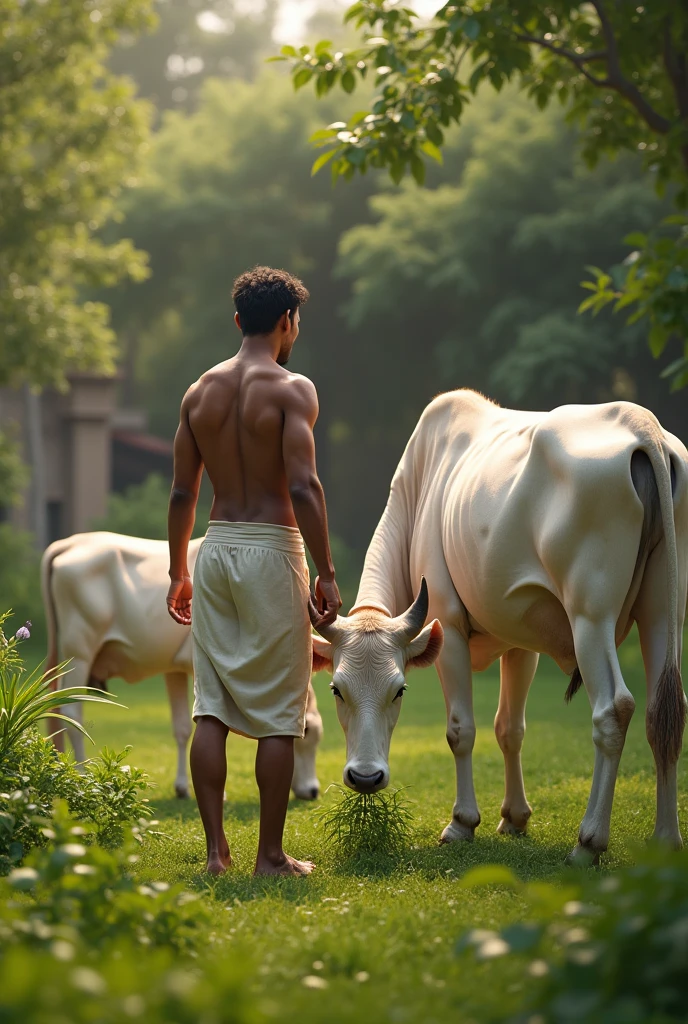 30 years Indian young man is feeding grass to big cow, small cow at his house garden. Cows are in white color. His back side should be displayed 